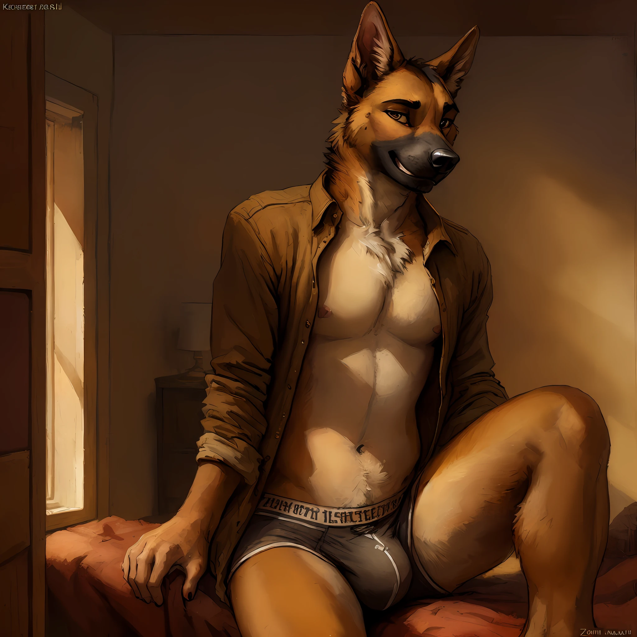 Masterpiece detailed portrait of a male anthro german shepherd 1.3, open shirt, underwear, underwear bulge, posted to e621, zaush, kenket, dramatic lighting, suggestive posing 1.2, sexy, seductive 1.3, seductive smile, suggestive grin, bedroom, sitting on bed 1.2