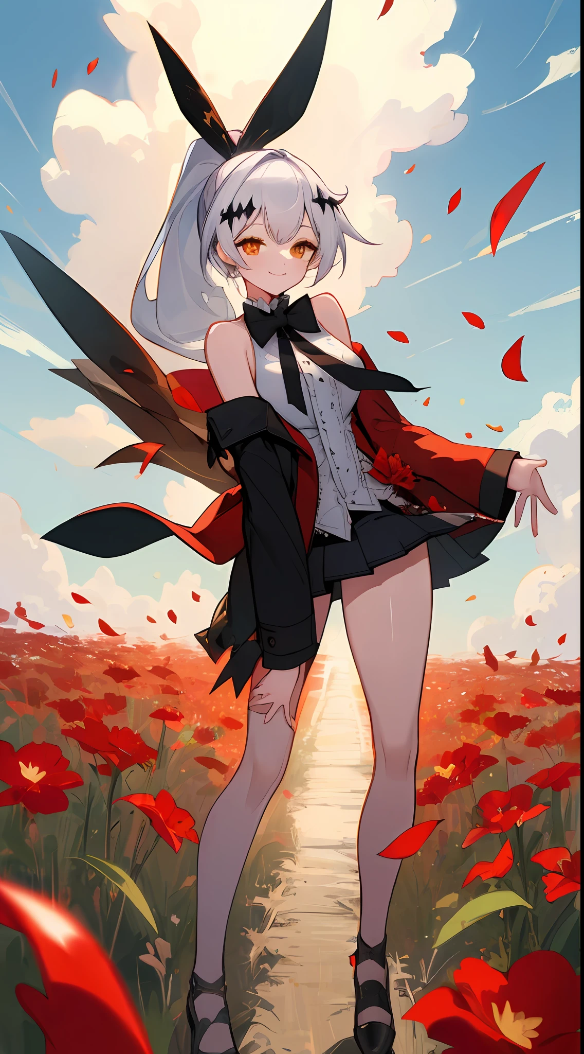 (Extremely detailed 8k CG wallpaper), (masterpiece), (best quality), (ultra detailed: 1.3), (best illustration), ((high resolution)), (sharp eyeliner), eye shadow, (detailed eyes: 1.2), (fiveseven: 1.2), (1girl), long ponytail, silver hair, (black jacket on shoulder), (black pleated skirt), ((red flower field background)), day, ((sky)), outdoor,  clouds, daylight, depth of field, sunbeam, red flower petal in the air, charming smile, sleeveless top, full body