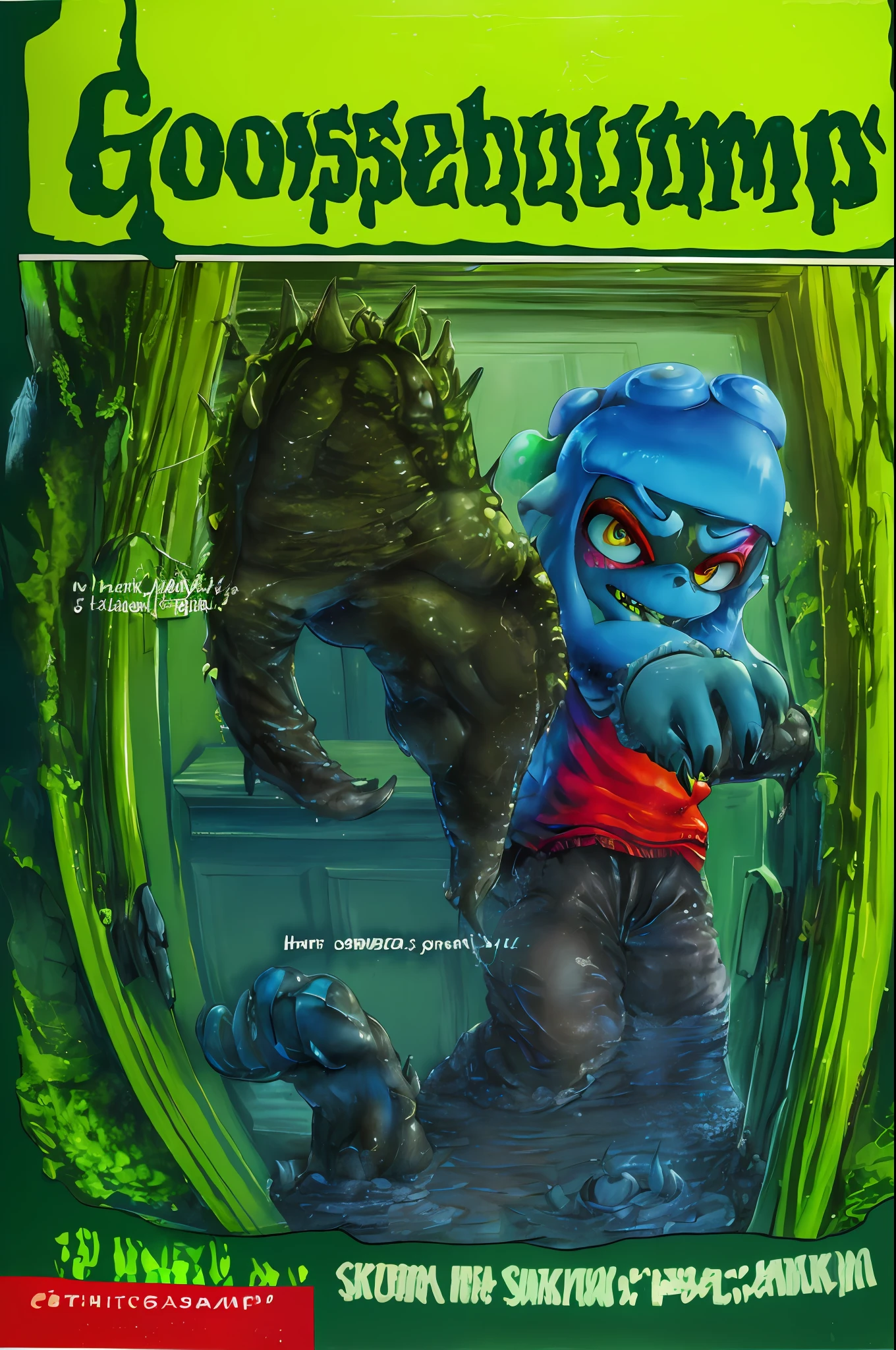 GoosebumpsBookCover how to kill a monster,Inkling,splatoon,inkling,detailed,a swamp monster as an inkling with the slightly open with blue fury paws and claws behind the door,reaching out for you