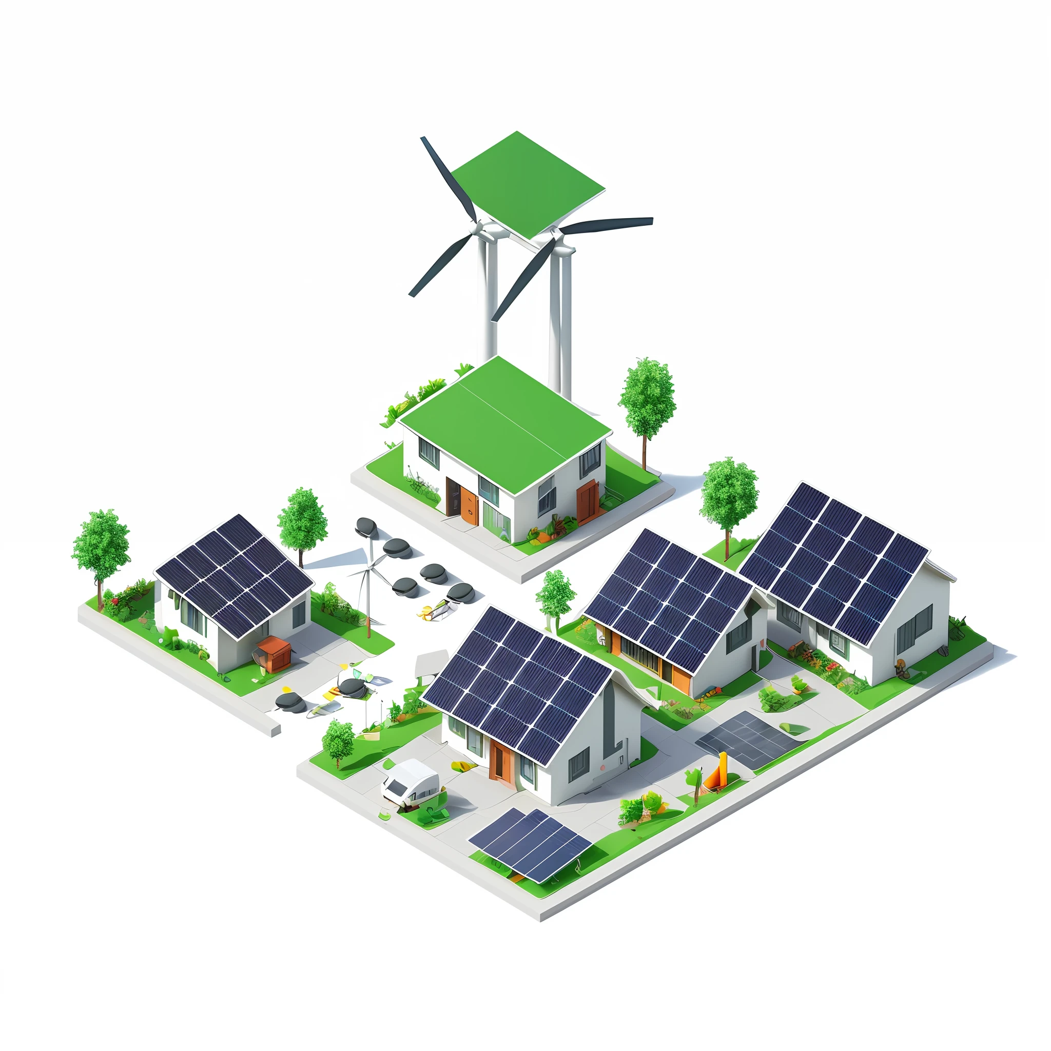 isometric 3D, (top-down 45-degree perspective), 3D rendering, a group of houses with solar panels and wind turbines, green energy, renewable energy, isometric environment, clean energy, green technology, commercial illustration, business preparation, pre-rendered isometric graphics, electrical energy, solar city, solar energy