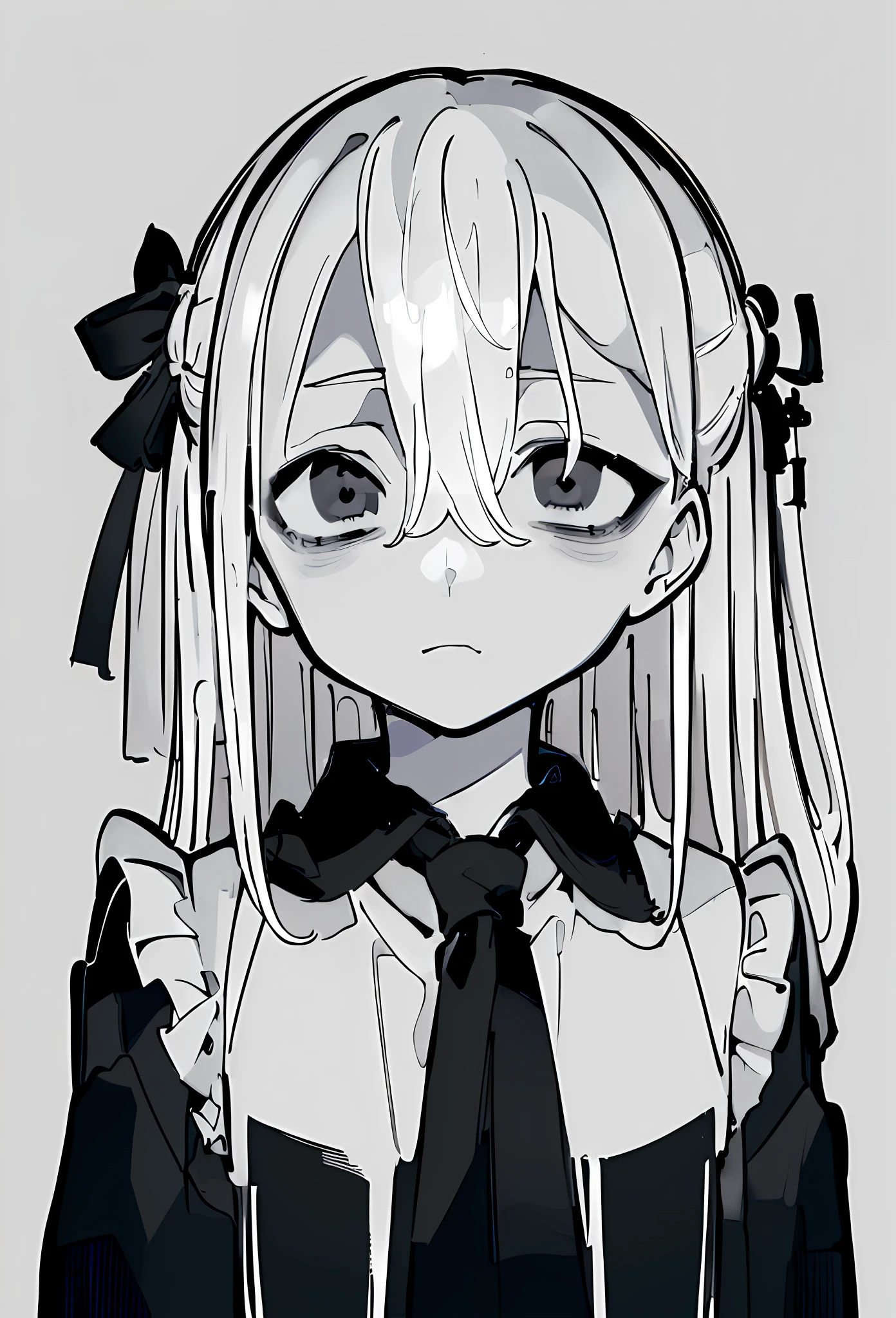 (((masterpiece, illustration, strong outlines)), monochrome, chiaroscuro, (simple background, transparent background, exotic simple background), a japanese girl, suit, black jacket, white shirt, black necktie, serious face, (bags under eyes, dark circles under eyes:1.3), (shaded face:1.3), hair between eyes, dead eyes, white hair, french braid, short hair, high contrast
