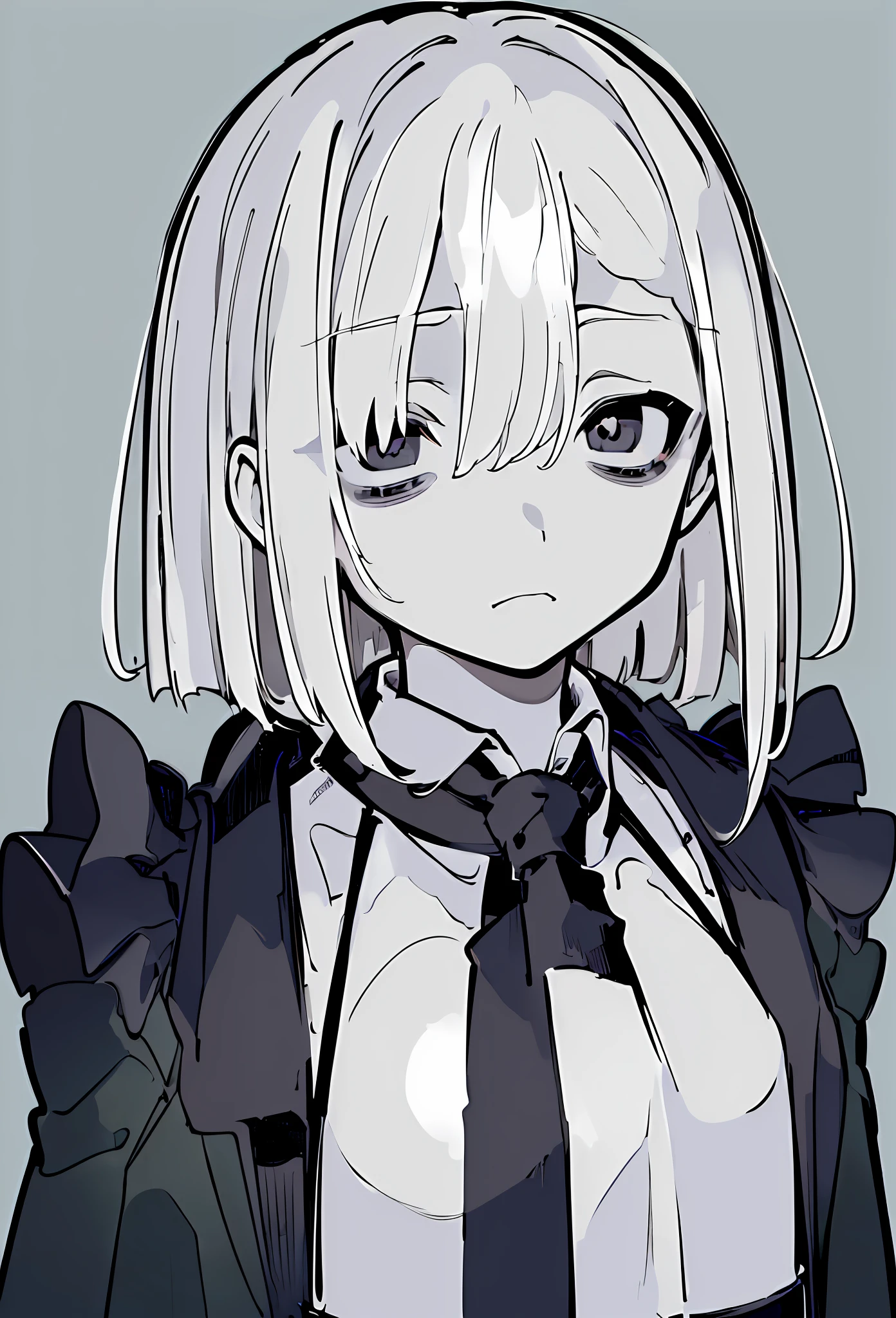 (((masterpiece, illustration, strong outlines)), monochrome, chiaroscuro, (simple background, transparent background, exotic simple background), a japanese girl, suit, black jacket, white shirt, black necktie, serious face, (bags under eyes, dark circles under eyes:1.3), (shaded face:1.3), hair between eyes, dead eyes, white hair, french braid, short hair, high contrast