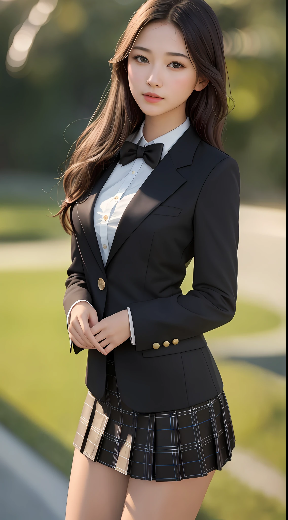 best quality, masterpiece, 1girl, Beautiful face, (photo realistic:1.3), rim lighting, (high detailed skin:1.2), 8k uhd, dslr, high quality, high resolution, 4k, 8k, Bokeh, absurdres, best ratio four finger and one thumb, (realistic:1.3), cute 1girl, wearing black formal blazer, medium breasts, short skirt,