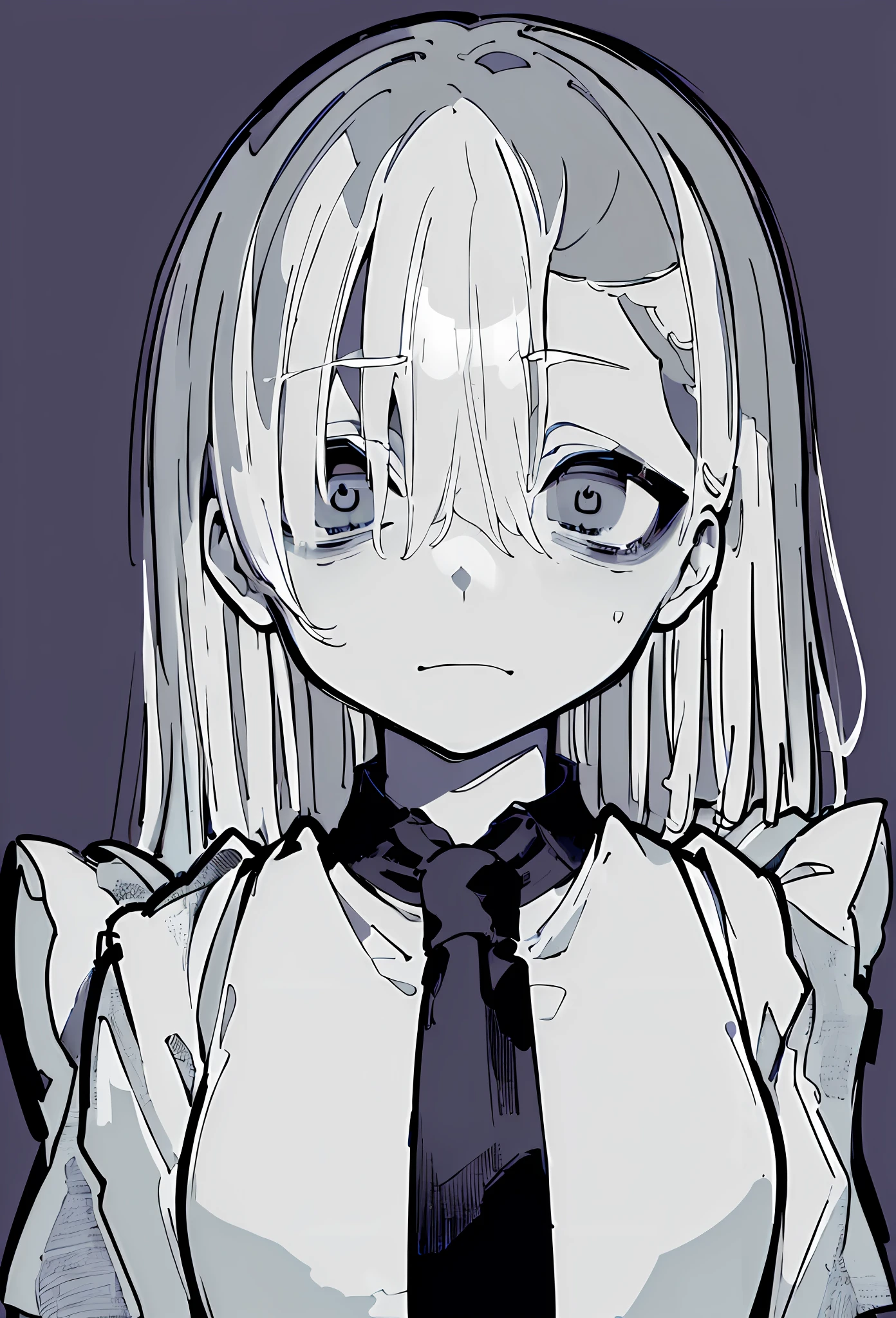 (((masterpiece, illustration, strong outlines)), monochrome, chiaroscuro, (simple background, transparent background, exotic simple background), a japanese girl, suit, black jacket, white shirt, black necktie, serious face, (bags under eyes, dark circles under eyes:1.3), (shaded face:1.3), hair between eyes, dead eyes, white hair, french braid, short hair, high contrast