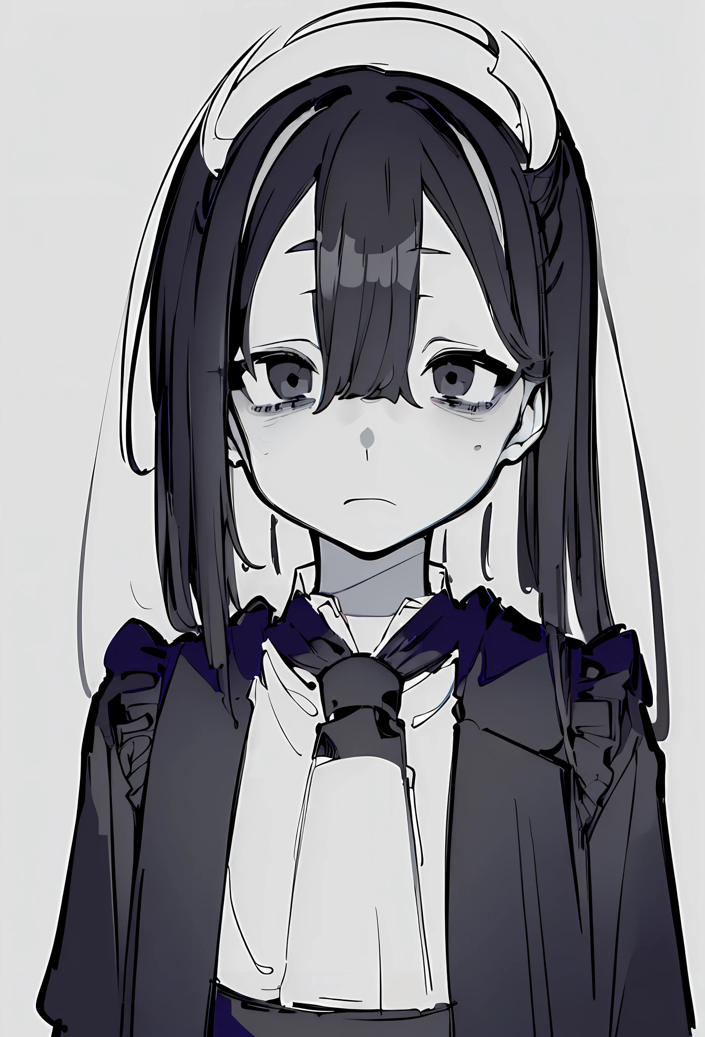 (((masterpiece, illustration, strong outlines)), monochrome, chiaroscuro, (simple background, transparent background, exotic simple background), a japanese girl, suit, black jacket, white shirt, black necktie, serious face, (bags under eyes, dark circles under eyes:1.3), (shaded face:1.3), hair between eyes, dead eyes, white hair, french braid, short hair, high contrast