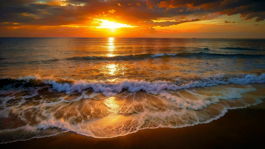 An absolutely mesmerizing sunset over the beach with a mixture of orange, pink and yellow tones filling the sky. The crystal clear waters of the sea gently kiss the shore, and the white sandy beach stretches far and wide. The scene is dynamic and exciting, with seagulls soaring high in the sky and palm trees gently swaying. Soak up the soothing atmosphere and let peace envelop you.