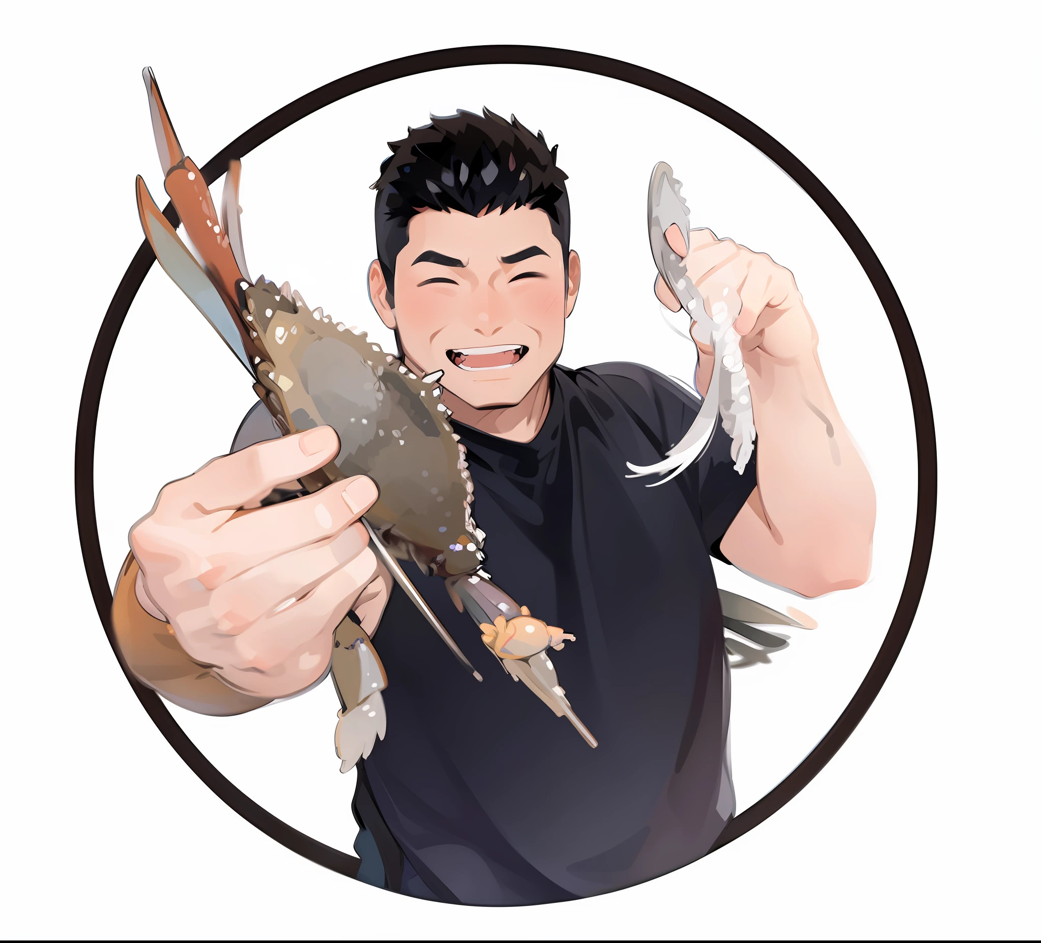 A man, black top, (without hat: 1.2), (crab in one hand, prawn in the other: 1.5), smiling, squinting, vector, flat illustration style