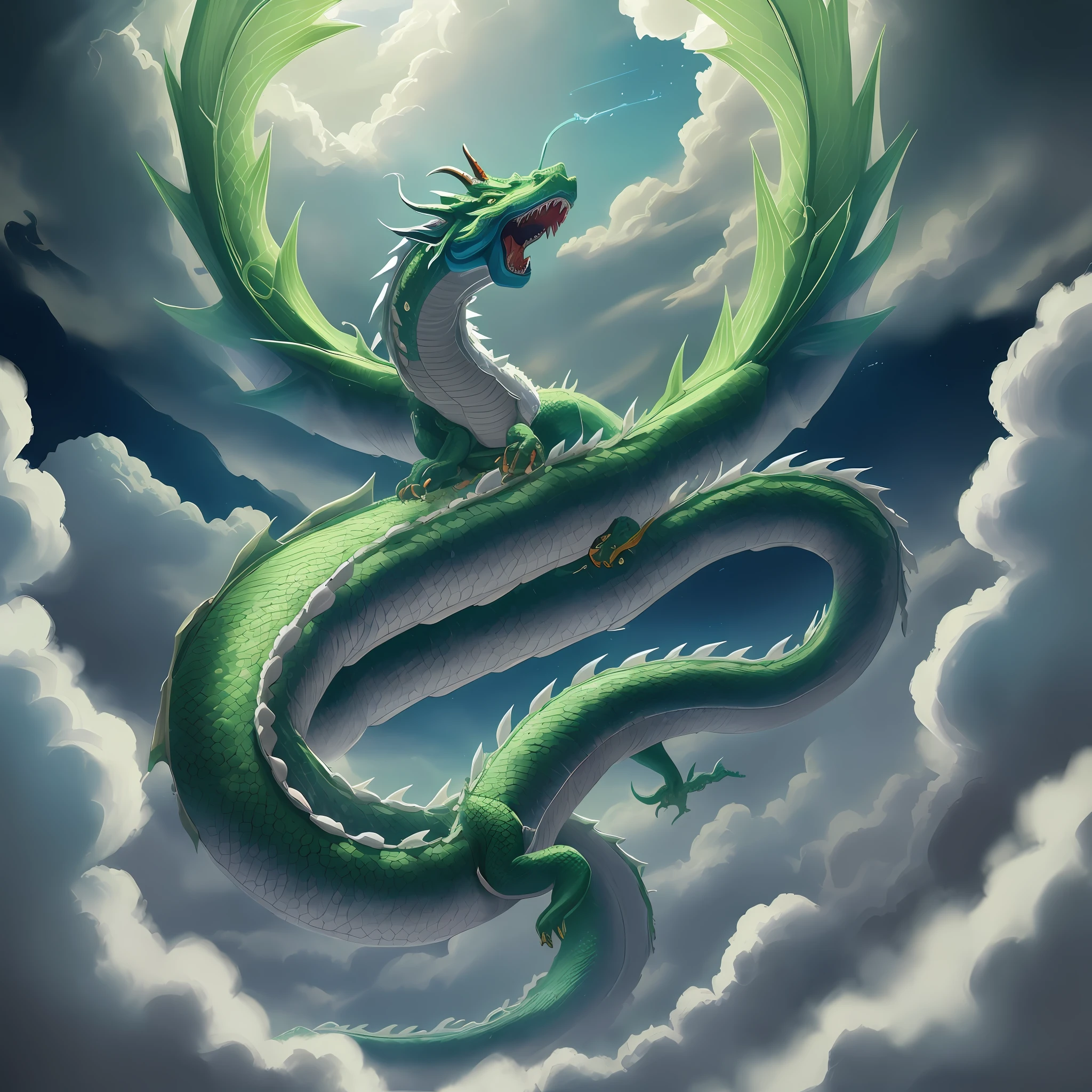 Majestic Chinese Dragon, Smooth Chinese Dragon, Chinese Dragon, Inspired by Utagawa Yoshiya, Cyan Chinese Dragon Fantasy, Chinese Dragon Concept Art by Kanō Tan'yū, Sea Serpent, Inspired by Utagawa Kuniyoshi, Chinese Dragon, Four Feet, Five Claws, Green Dragon, Green Dragon, Long Horn, Long Dragon, Super Long Dragon Whiskers, Long Dragon, Hovering, Hovering in Clouds, Cloudy Lingering, Fangs, Roaring, Dragon Chanting. Mythical, epic lighting, (photo realism: 1.2), high quality, very detailed, masterpiece, epic