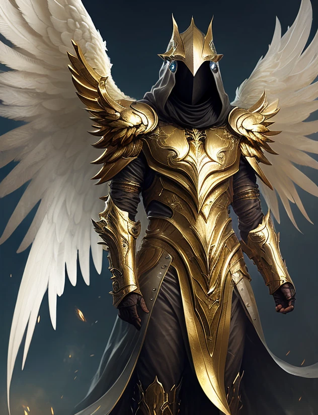 Golden armored angel, wings made of energy, metal halo, no face, hooded, gold, fantasy, concept art, ultra realistic, character art by greg rutkowski