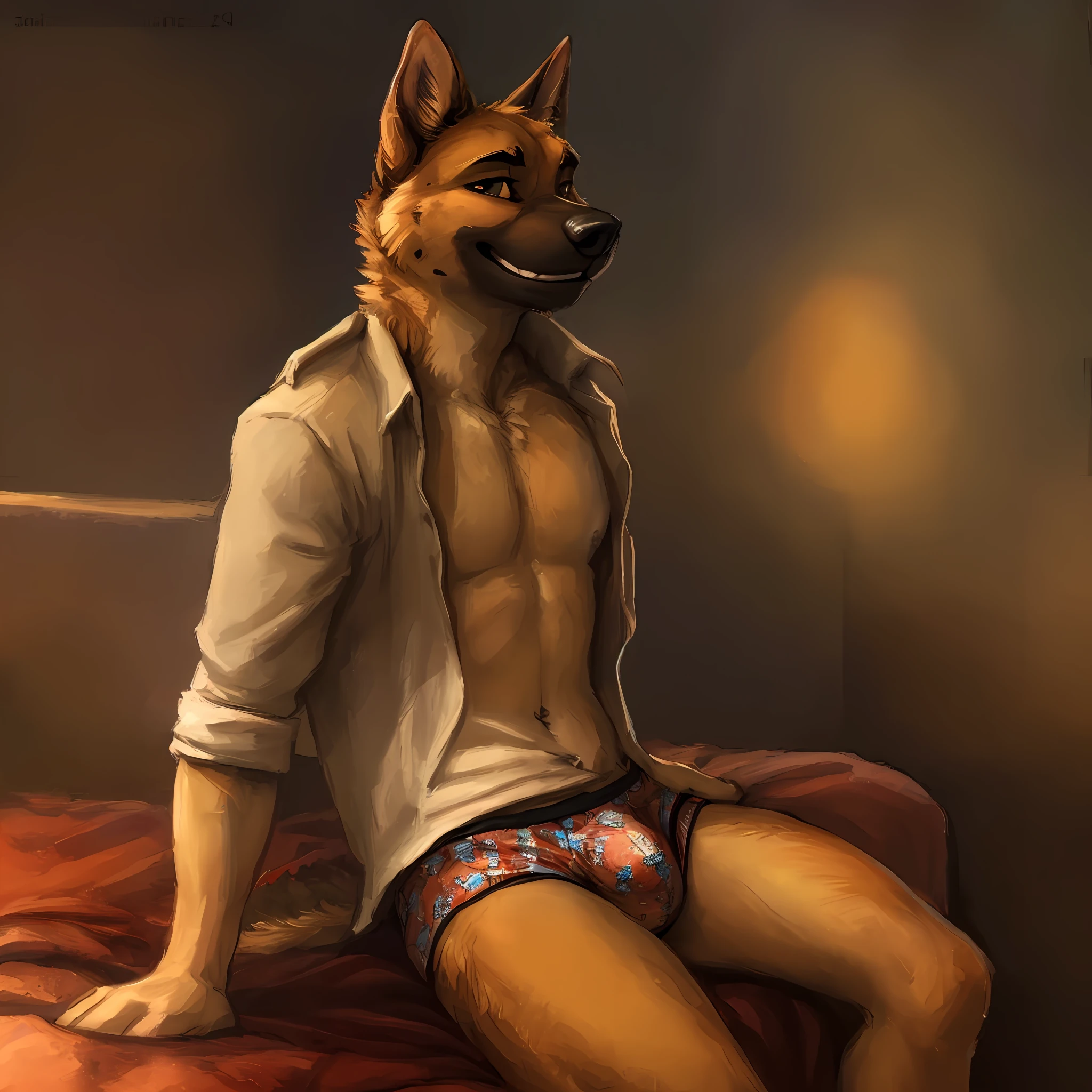 Masterpiece detailed portrait, male anthro german shepherd 1.3, open shirt, underwear, underwear bulge, posted to e621, zaush, kenket, dramatic lighting, suggestive posing 1.2, sexy, seductive 1.3, seductive smile, suggestive grin, bedroom, sitting on bed 1.2