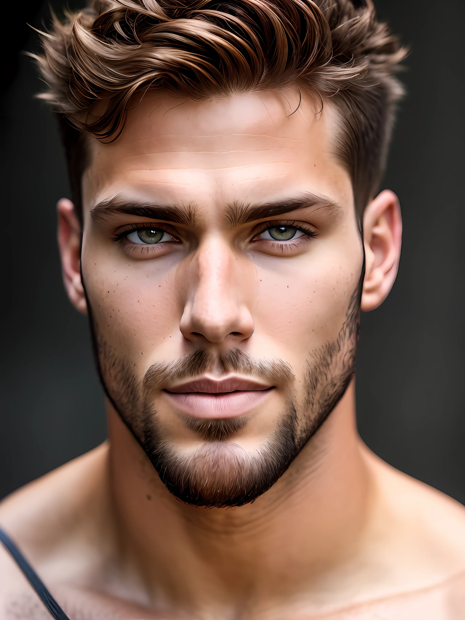 full frame, Close portrait, extremely handsome male model, Herculean Greek male, taupe clear skin, auburn buzzcut hair, heterochromia honey eyes, (skin texture), skin pores, shallow depth of field, sharp eye focus, backlit