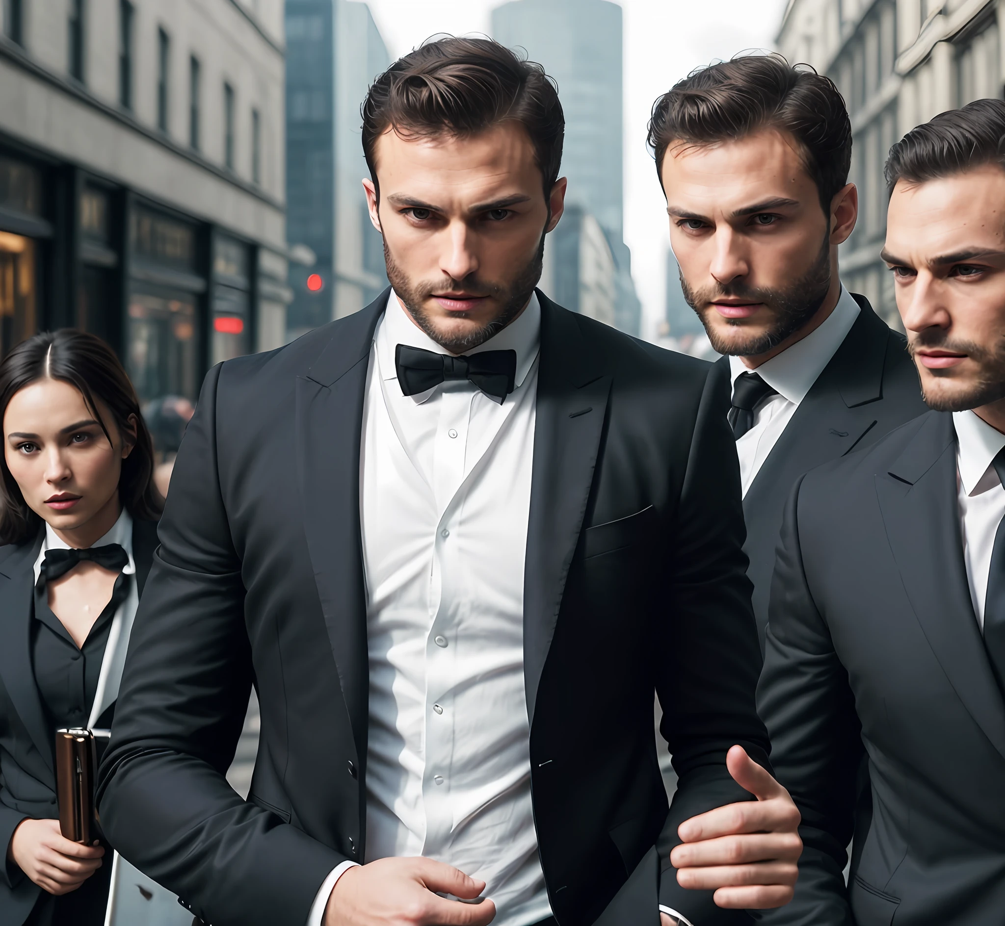 (create ceo wearing black suit without tie), (brunette tanned with model face), with thick and masculine eyebrows, secret agent style man 007, (with mysterious and sensual countenance,) (wearing beard, ) short dark hair, stylish and elegant, shaved and strong body adjusted in the suit, show body, man similar to actor jamie dornan, (high quality and realistic image), in the background of the image city of london, cinematic style, ((Best quality, 8k, Masterpiece).