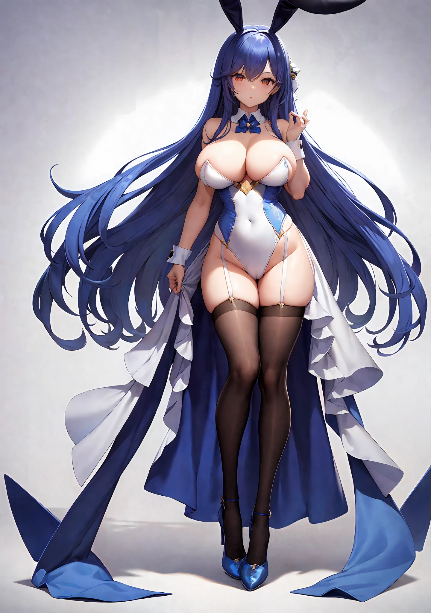 masterpiece, best quality, 1girl, , large breasts, long hair, ((bunnygirl)), white background, simple background,
(blue_hair), st. louis \(luxurious wheels\) \(azur lane\), shoes,
