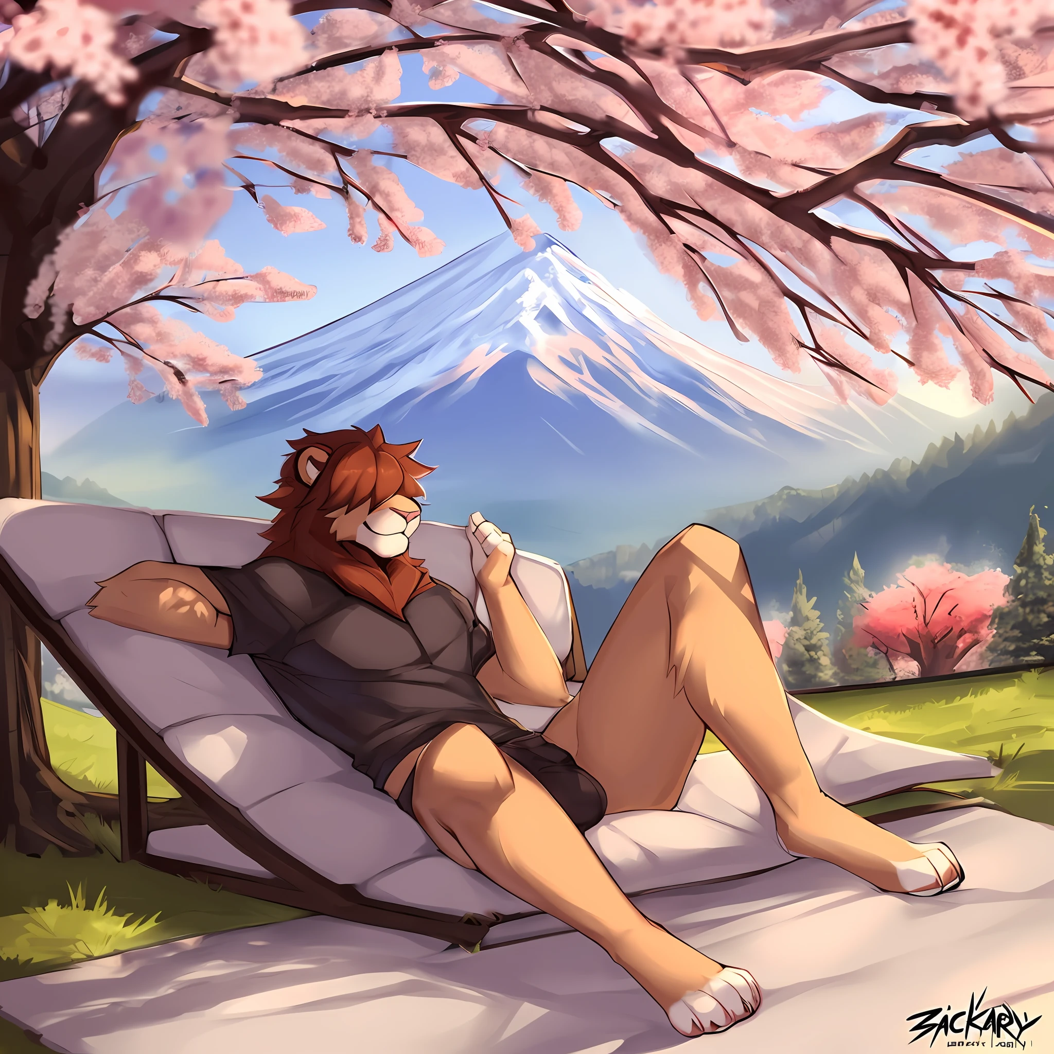 thin male solo cartoon lion by zackary911 hair over eyes wearing clothes sunlit people in background Paws instead of hands and feet paws visible Mount fuji in distance cherry trees all around scenic smiling