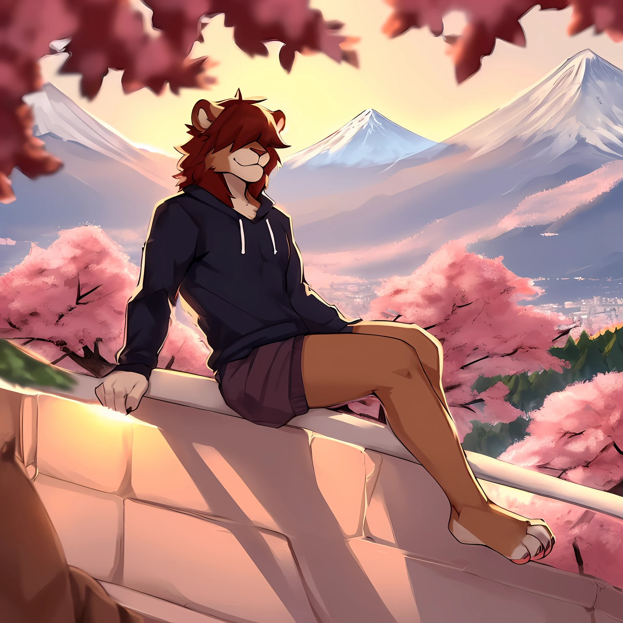 thin male solo cartoon lion by zackary911 hair over eyes wearing clothes sunlit people in background Paws instead of hands and feet paws visible Mount fuji in distance cherry trees all around scenic smiling