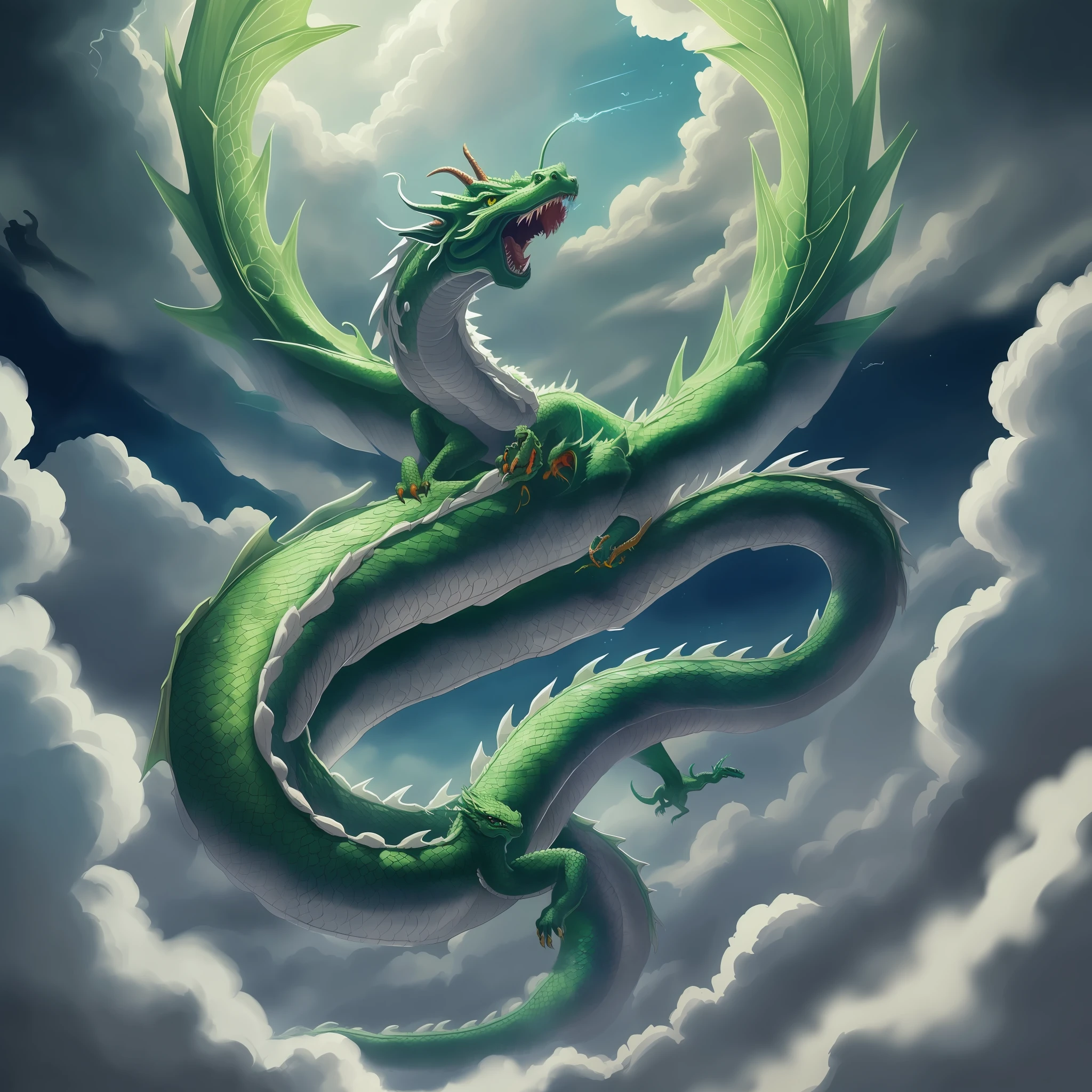 There is a green dragon flying in the sky with clouds, a dragon composed of clouds, a green dragon, a digital painting of Quetzalcoatl God, a large mysterious winged serpent, a snake god, a dragon in the sky, a dragon in the sky, a huge green dragon!!!, a dragon snake with wings, a dragon flying in the sky, a dragon flying in the sky, a dragon, regenerating the dragon body according to the lines of my words