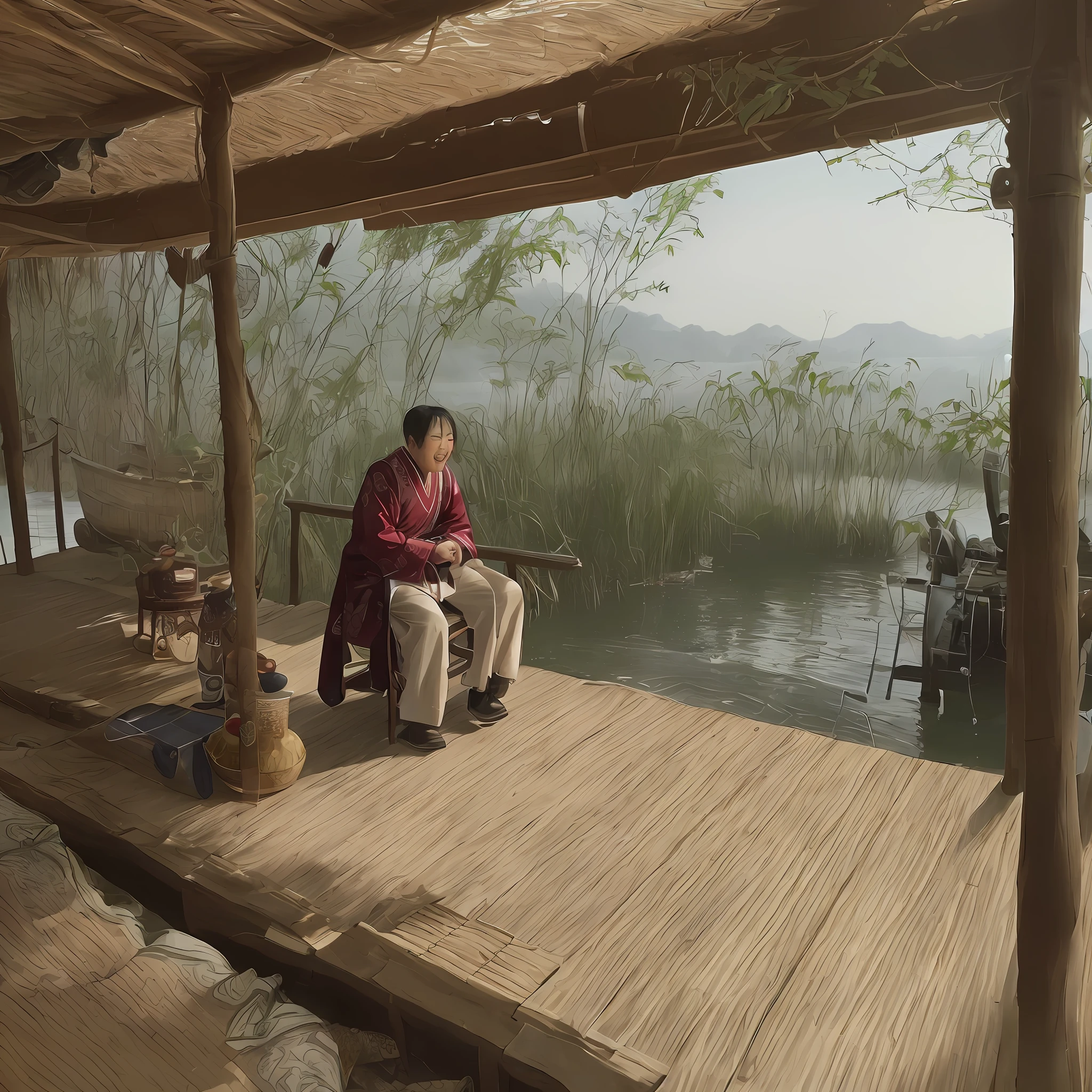 A companion surnamed Lin, one evening, someone came to the door and said: "There is an official's boat moored on the bank of the river, I heard that you are good at rapping and playing lyrics, and invited you to try it, there should be a heavy reward." "Immediately urged him to take the lute, pulled his bamboo cane and led him away. After walking about four or five miles, I arrived at the side of the boat, and after greeting, I heard the owner instruct: "It is very hot inside the boat, you sit on the shore and sing, I just lean against the window and listen." Lin wanted to be rewarded and sang hard. About the third change, my fingers hurt, my mouth was dry, and I begged the other party to give me some water to drink. Lin listened carefully, only heard the men and women around him, laughing and noisy, feeling that it was not a eunuch's house, and felt that it was not by the river, so he stopped playing and wanted to get up. Those people said angrily: "Blind thief, what are you, dare not listen to the command!" Then everyone punched and kicked him, and Lin was in unbearable pain, so he begged him to continue playing. After a long time, hearing the voice gradually leaving, Lin Mou did not dare to stop. Traditional chinese painting