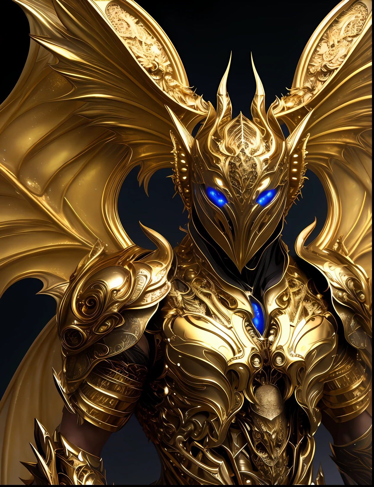 A beautiful symmetrical muscular full body wearing a dragon armor with wings made of golden ornaments and gems, by alex gray and android jones , Karol Bak, Ayami Kojima, Amano , concept art, character design, fantasy,3D, 8k resolution