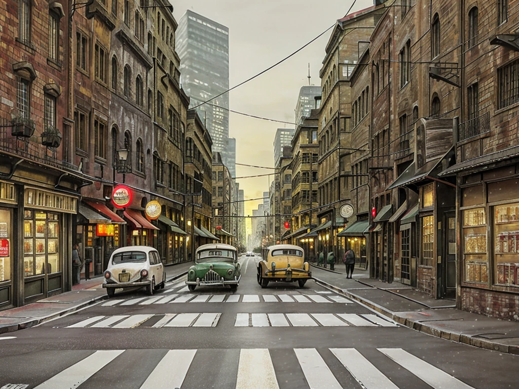 Old streets of the city, cars, pedestrians, traffic lights, old buildings, during the day