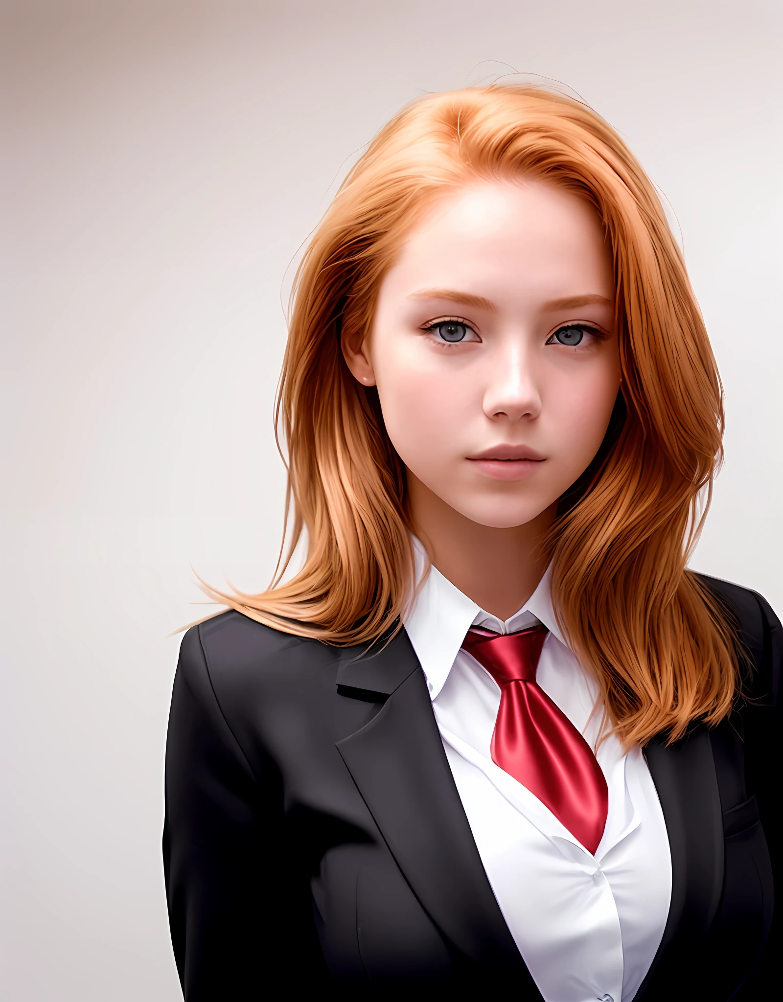 sexy woman, ((school uniform, black formal jacket)), ((long solid purple tie:1.2)), one-quarter headshot, 8k portrait, intricate, highly detailed, digital photography, (masterpiece, frontlighting, finely detailed beautiful eyes: 1.2), (rim light:1.3), hdr, brown eyes, short, (solid color background:1.4), solo, 18 year old, centered figure, ((facing viewer, face forward, looking at viewer)), white shirt, ((adult)), (solid color background:1.4), ((very light skin:1)), ((strawberry blonde hair)), wavy hair