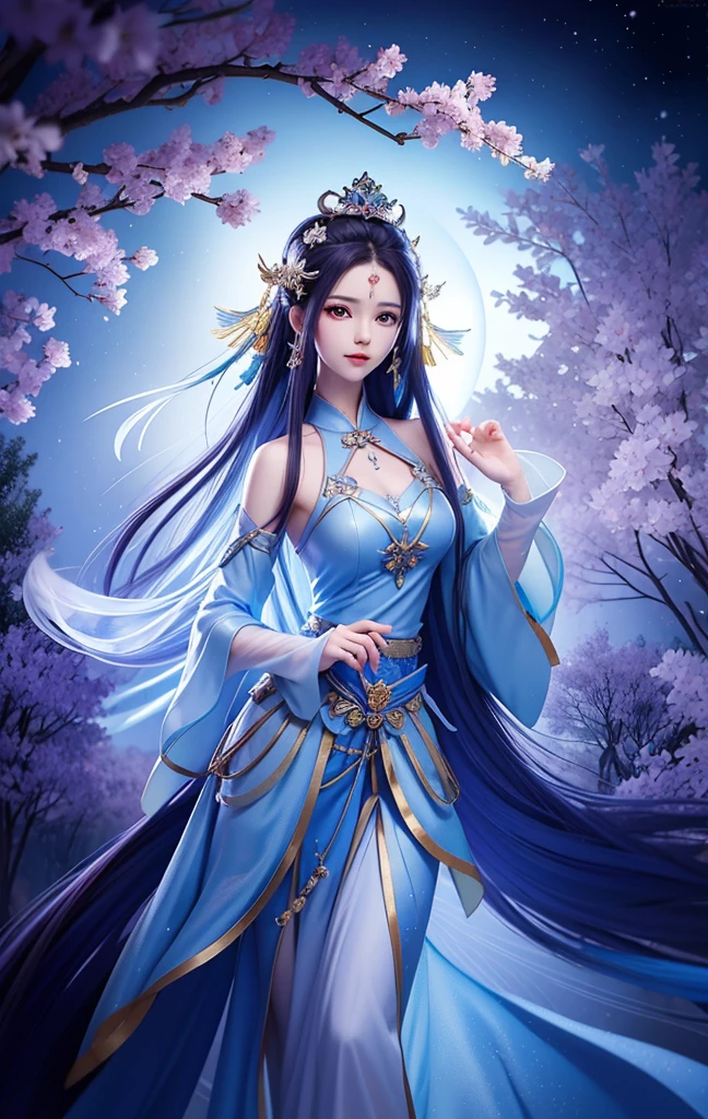 Sword girl in blue dress before the full moon, fairy tale fantasy, anime girl with long hair and blue skirt, beautiful girl with a crown ((a beautiful fantasy empress)), full body fairy swordsman, palace, girl in Hanfu, inspired by Lan Ying, fairy tale fantasy, fairy swordsman, Kurosawa Nishiya, beautiful figure painting