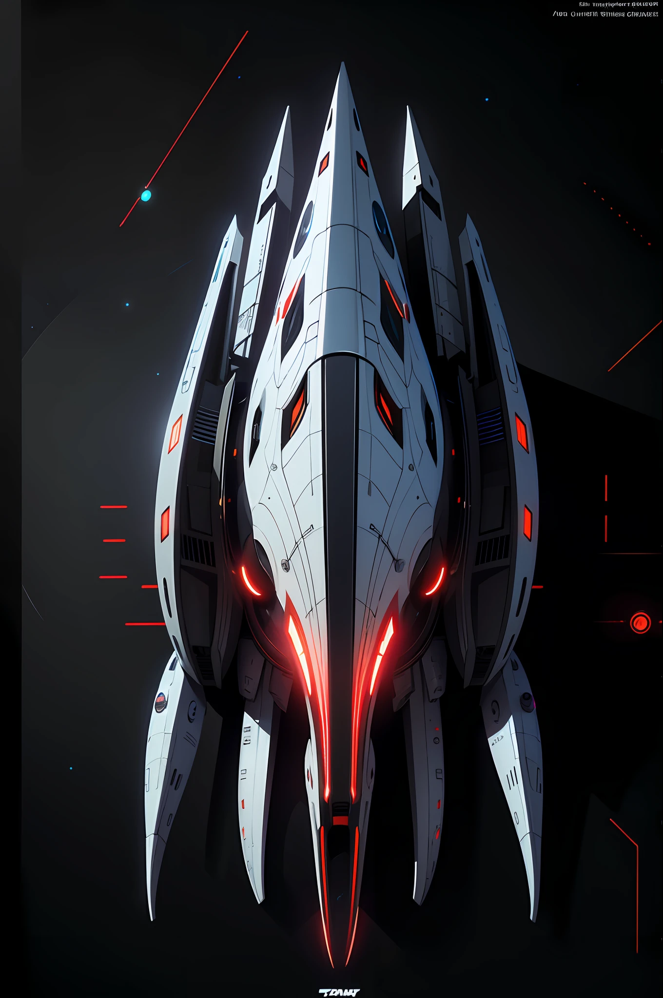 Top view, spaceship, giant starship, thick line stroke, blender effect, c4D, spaceship, star wars style, zerg inspired spaceship, visible light and shadow, small colorful light, light and red, collin cantwell, fantasy machine, black background, interwoven materials, style fortnite, high resolution