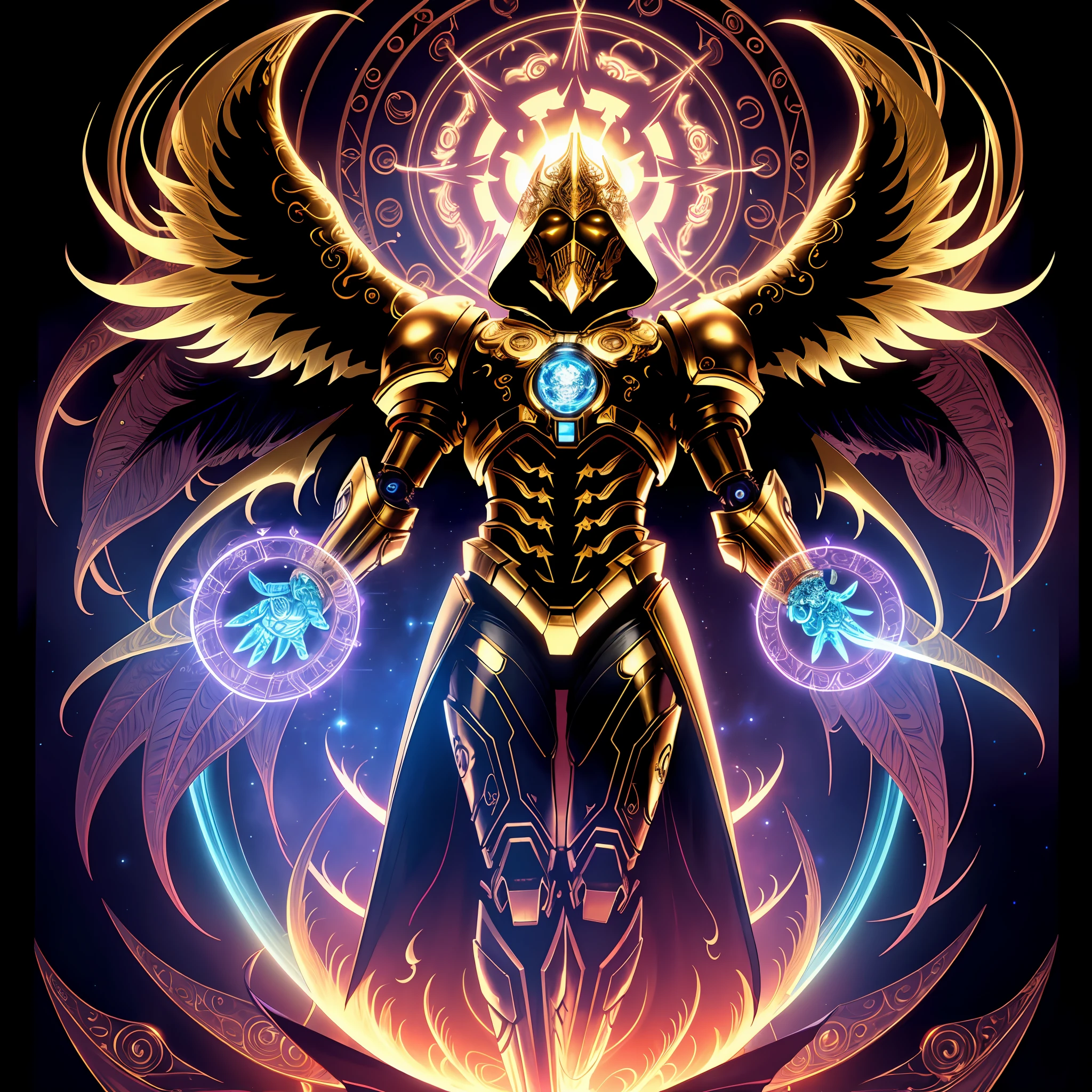 android mechanical lich:Evil Celestial Glow, robot wings,earnst haeckel, james jean. generative art, baroque, intricate patterns, fractalism, movie still, photorealistic, intricate, elegant, highly detailed, artstation, smooth, sharp focus, illustration, outrun, vaporware,full body shot, demonic energy holding different monsters, angle from below, (Golden Death Mask) = 1.8, cinematic lighting, Yawning:Blank Stare