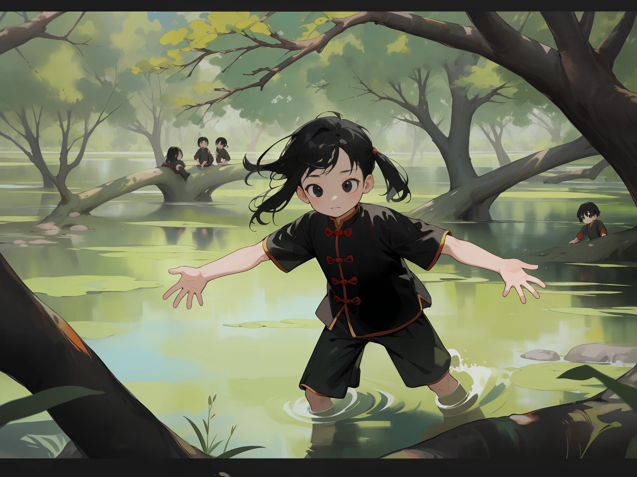 8k, masterpiece, high quality, children, black hair and black eyes, oil painting, Q version, green short sleeves, Chinese children's clothing, playing in the stream, background tree