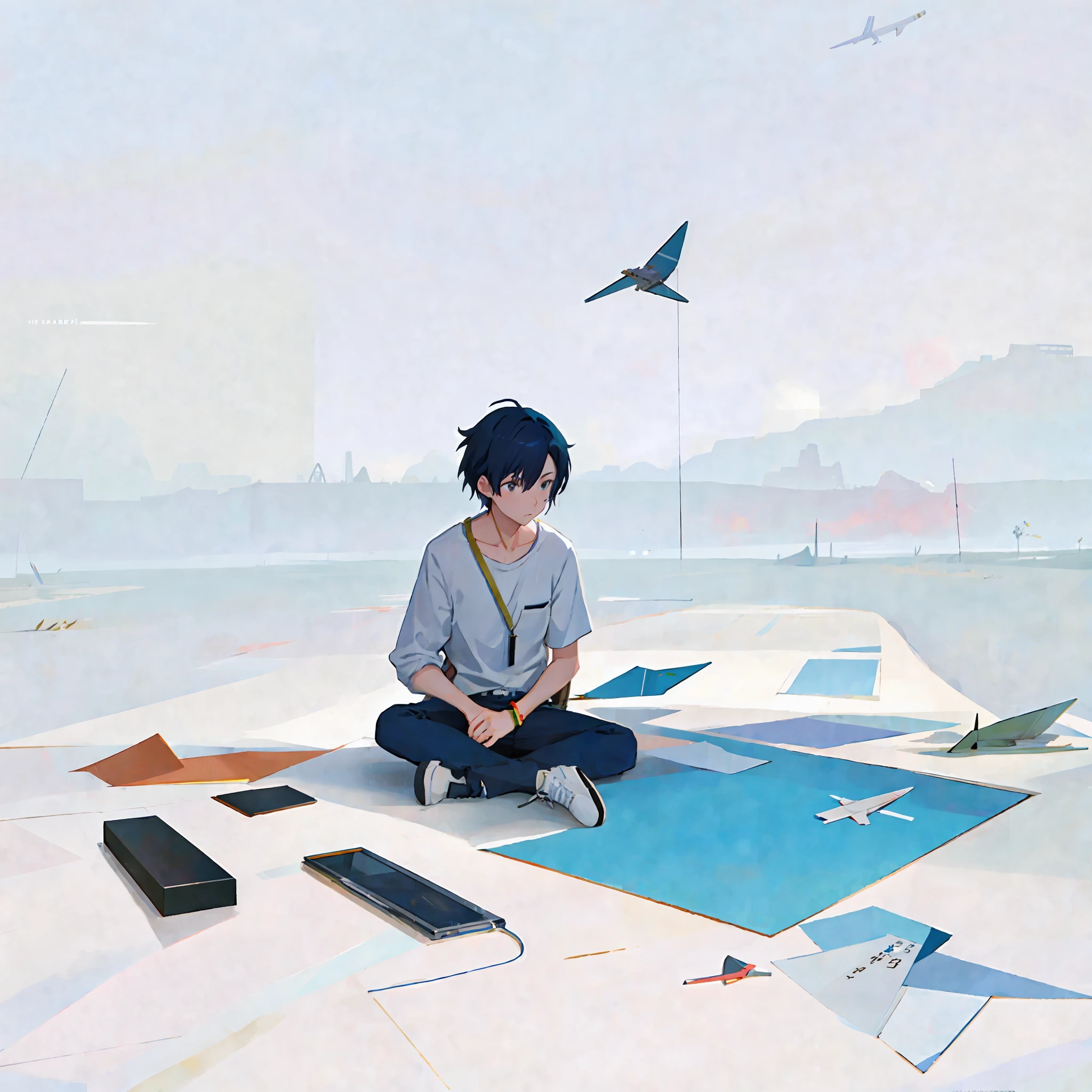 there is a man sitting on the ground with a paper airplane, concept art of single boy, conrad roset and makoto shinkai, makoto shinkai. digital render, inspired by Goro Fujita, makoto shinkai art style, 2 d illustration, 2d illustration, makoto shinkai style, paper airplane, sitting on the ground