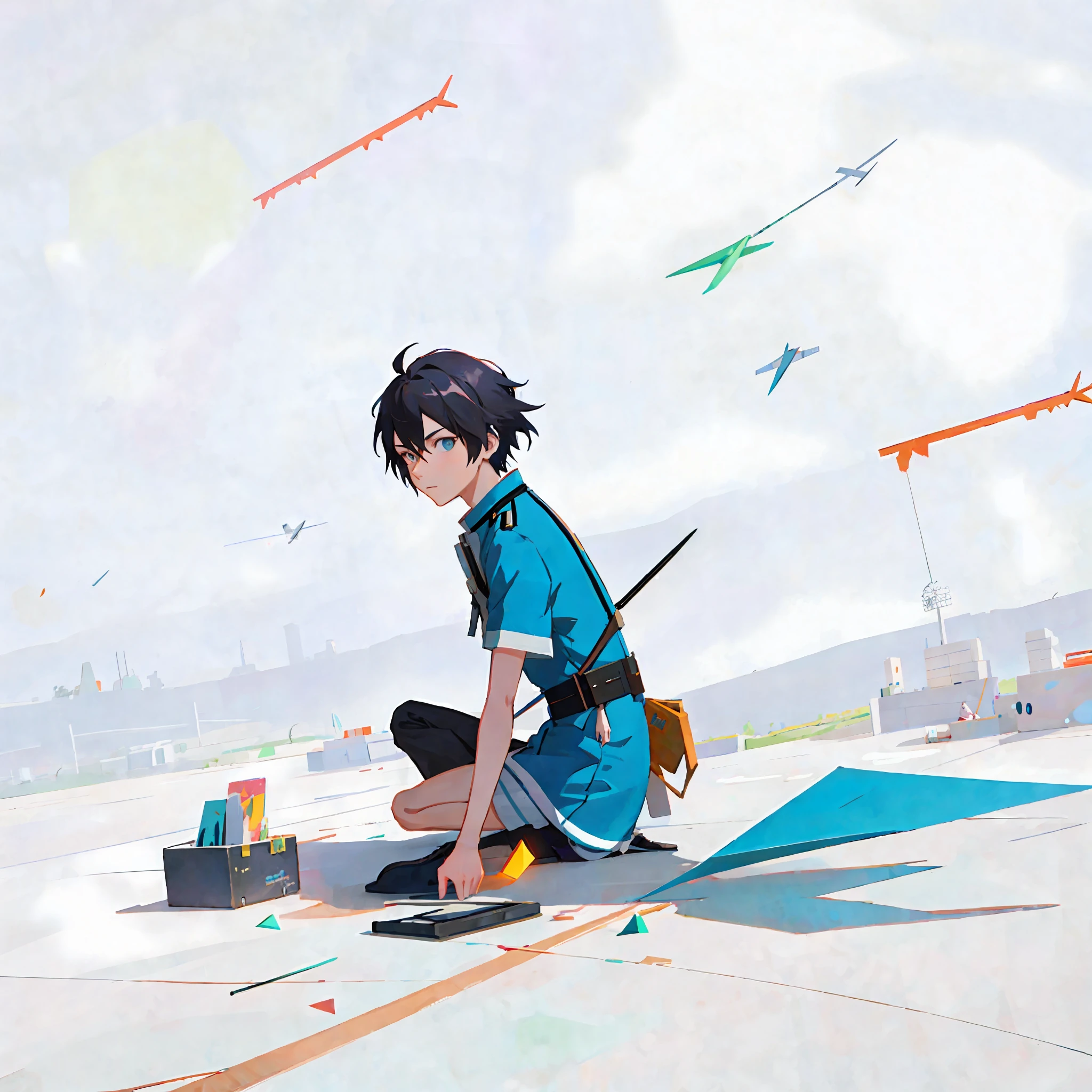 there is a man sitting on the ground with a paper airplane, concept art of single boy, conrad roset and makoto shinkai, makoto shinkai. digital render, inspired by Goro Fujita, makoto shinkai art style, 2 d illustration, 2d illustration, makoto shinkai style, paper airplane, sitting on the ground