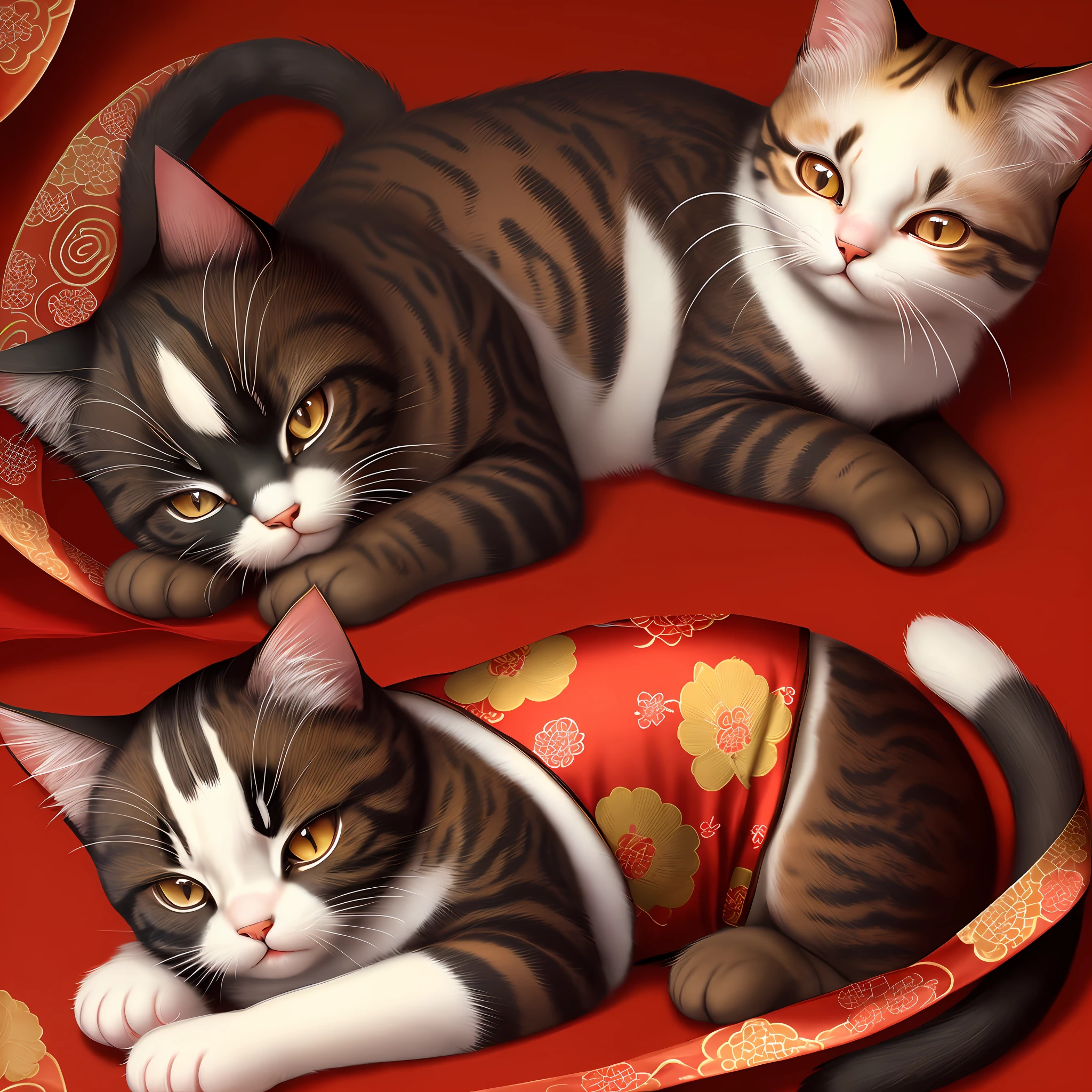 (dressed in festive, Chinese style) (1 cat), arched eyebrows, eyes open, sleepiness remains.
