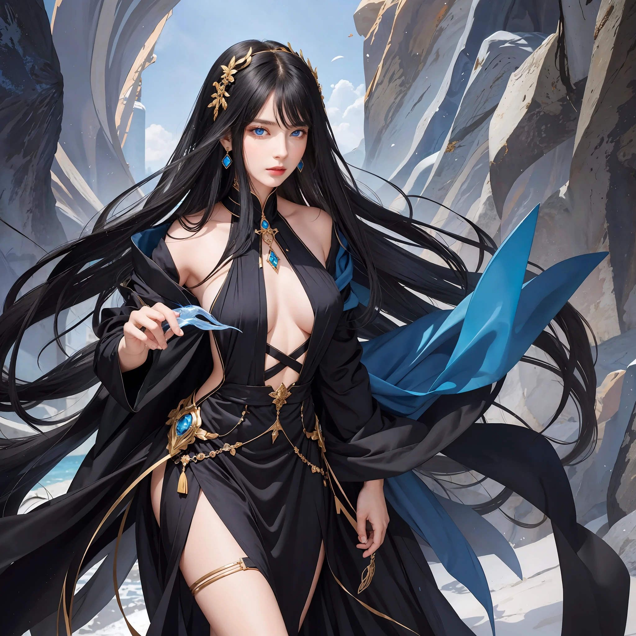 female, adult, black hair, long hair, beautiful, solo, elegant, jewelry, earring, sorceress dress, milf, blue eyes