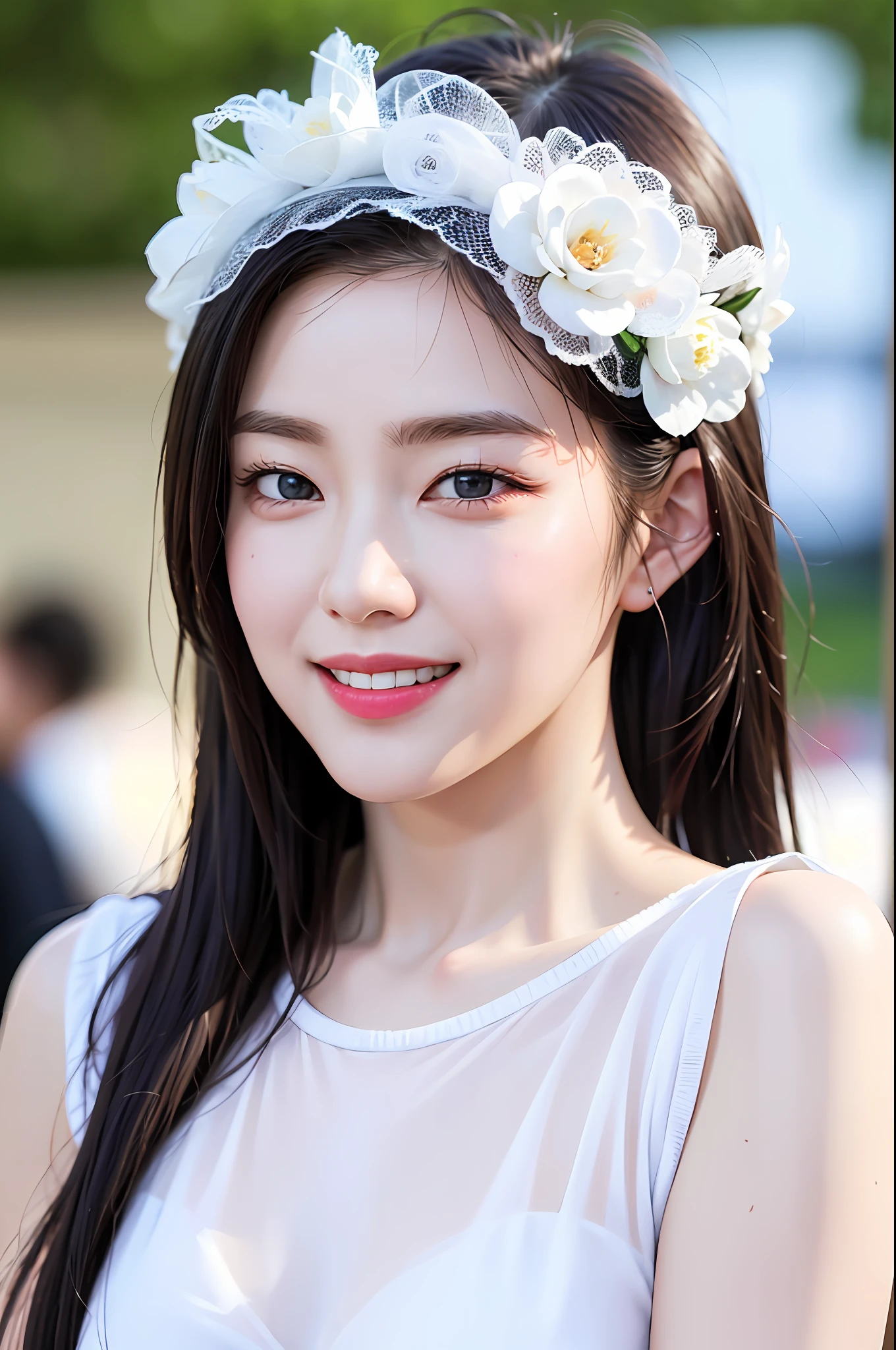 extremely detailed eyes, extremely detailed face, best quality ,masterpiece, extremely detailed, ultra-detailed, (realistic, photo-realistic:1.3), smile, (facing front), looking at viewer, white shirt, sunny day, outdoor, 1girl upperbody