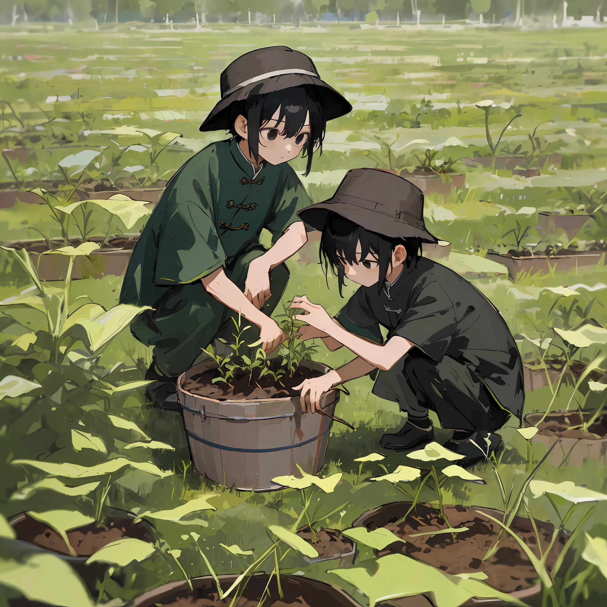 8k, masterpiece, high quality, men, children, black hair and black eyes, oil painting, Q version, green short sleeves, Chinese children's clothing, wearing a bucket hat on the head, squatting to plant seedlings, seedlings, exposure effect