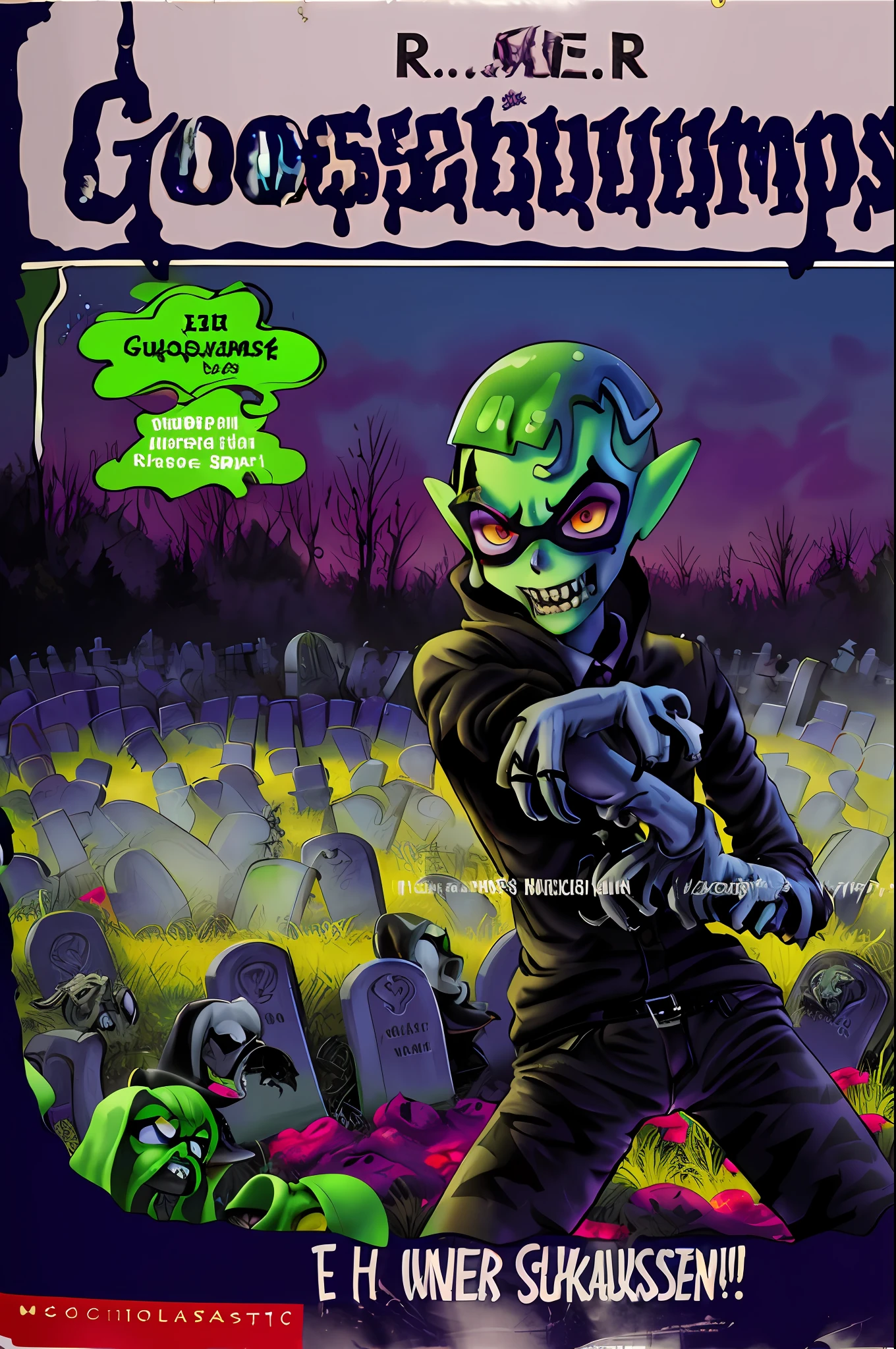 GoosebumpsBookCover attack of the graveyard ghouls,Inkling,splatoon,inkling,detailed,graveyard ghouls as an inklings,hand coming out of the ground in front of the tombstone,reaching out for you