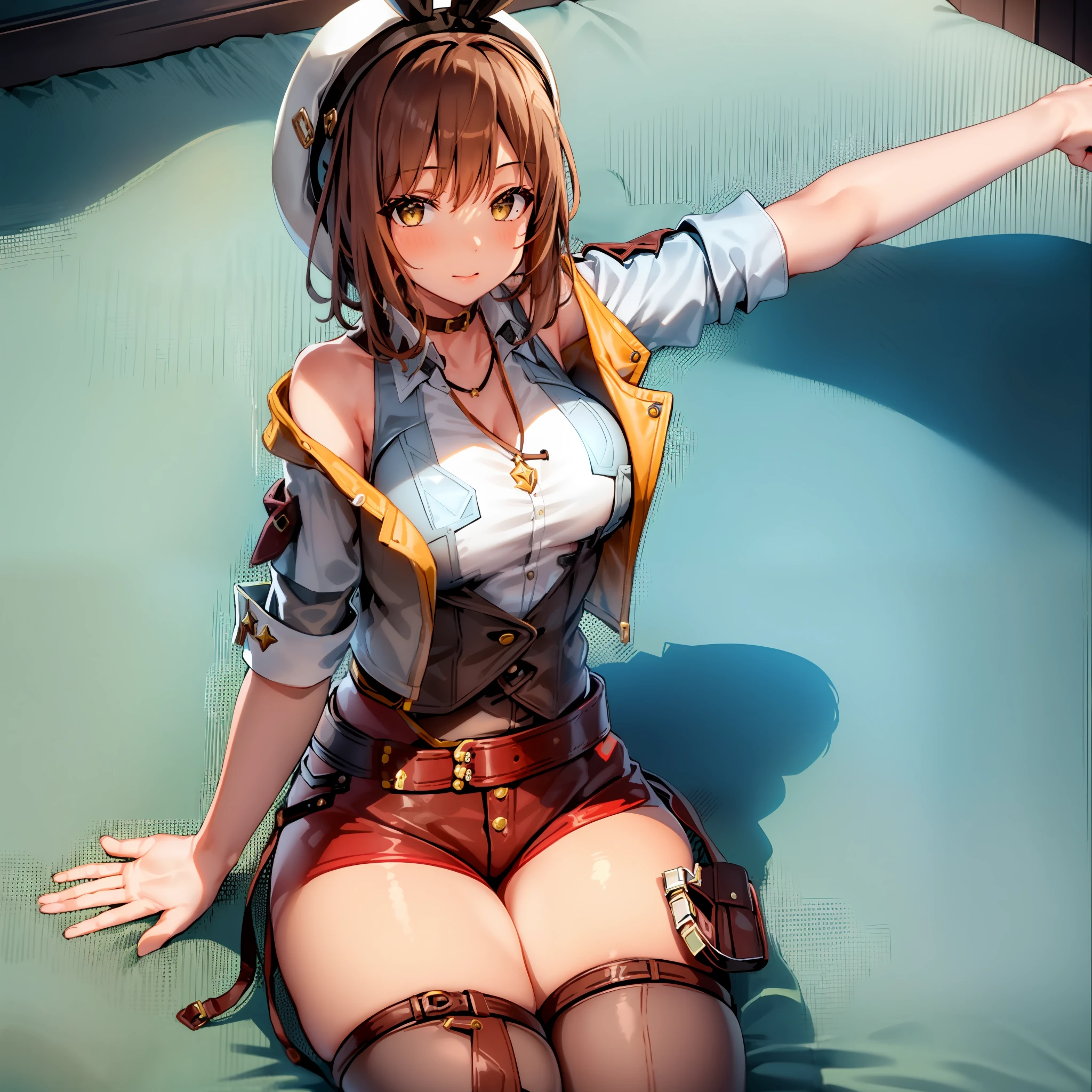 torino aqua, 1girl, detailed eyes, (((cowboy shot))), dynamic lighting, bedroom, reisalin stout, bangs, belt, beret, brown eyes, brown hair, jacket, leather, leather belt, red shorts, short shorts, sleeveless, sleeveless jacket, thick thighs, white headwear, yellow jacket, medium breasts, star necklace, lens flare, short hair, ((from above)), looking up, sitting on bed,