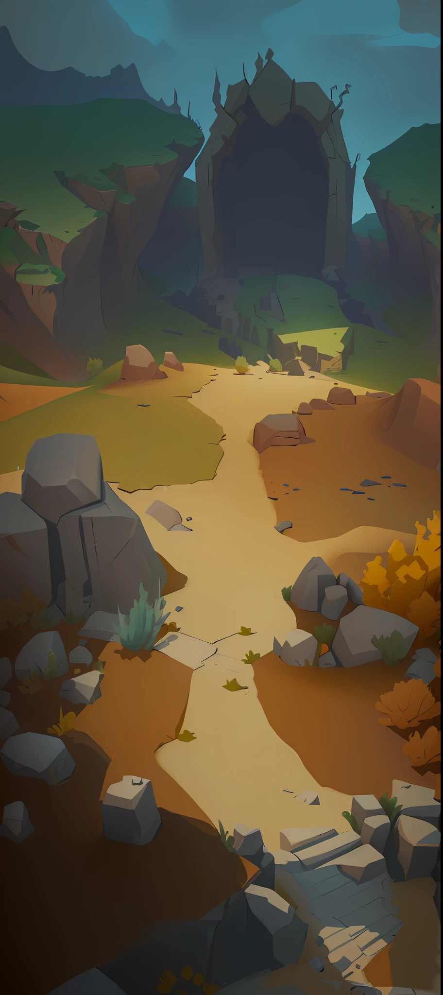 there is a cartoon style scene of a dirt road in a desert, stylized concept art, stylized game art, rocky environment, painted as a game concept art, stylised hand painted textures, stylized shading, stylised textures, detailed game art, sand and desert environment, detailed environment, odin's stone arena background, game environment, simple stylized