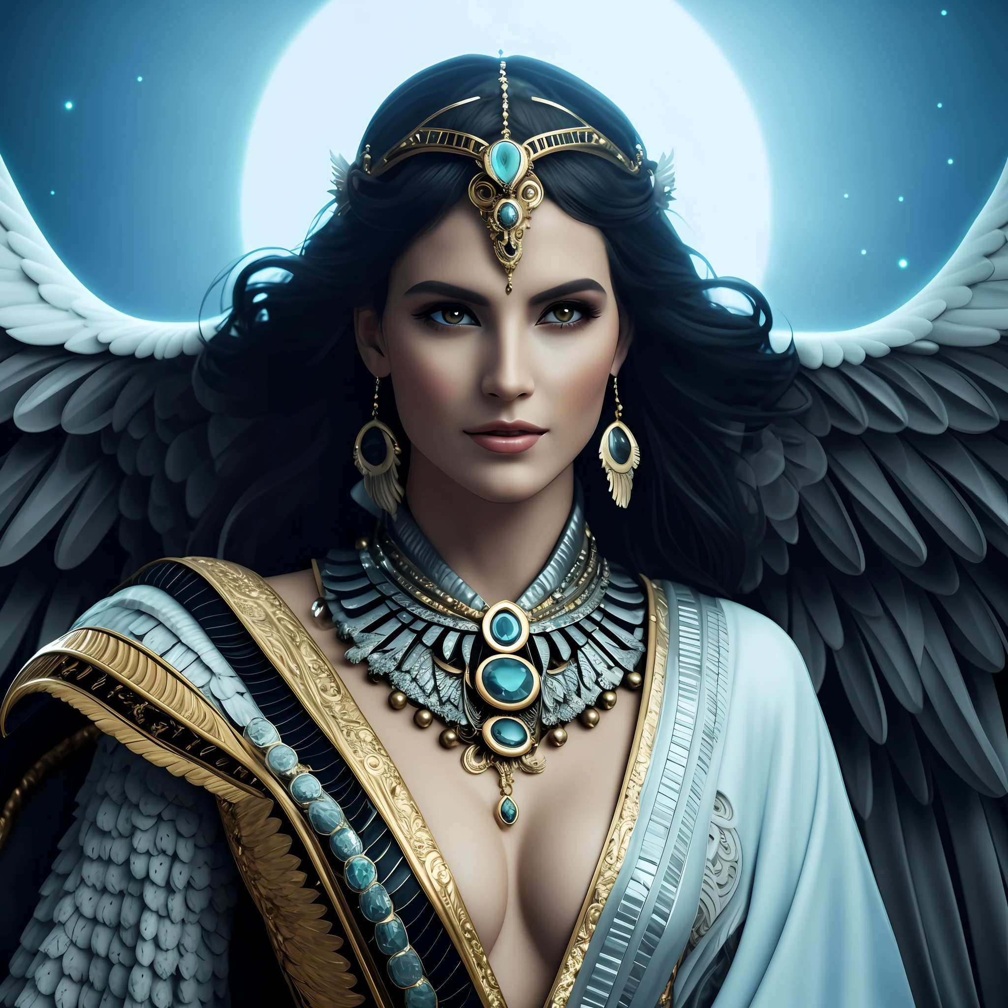 Image of a woman with a necklace and wings, goddess. Extremely high detail, beautiful goddess, portrait of a beautiful goddess, beautiful female angel,Zauis eyes, an impressive portrait of a goddess, a beautiful fantasy empress, female lord of change, portrait of a beautiful angel, like a mystical valkyrie, beautiful angel, wings of devi, fantasy woman, beautiful angel