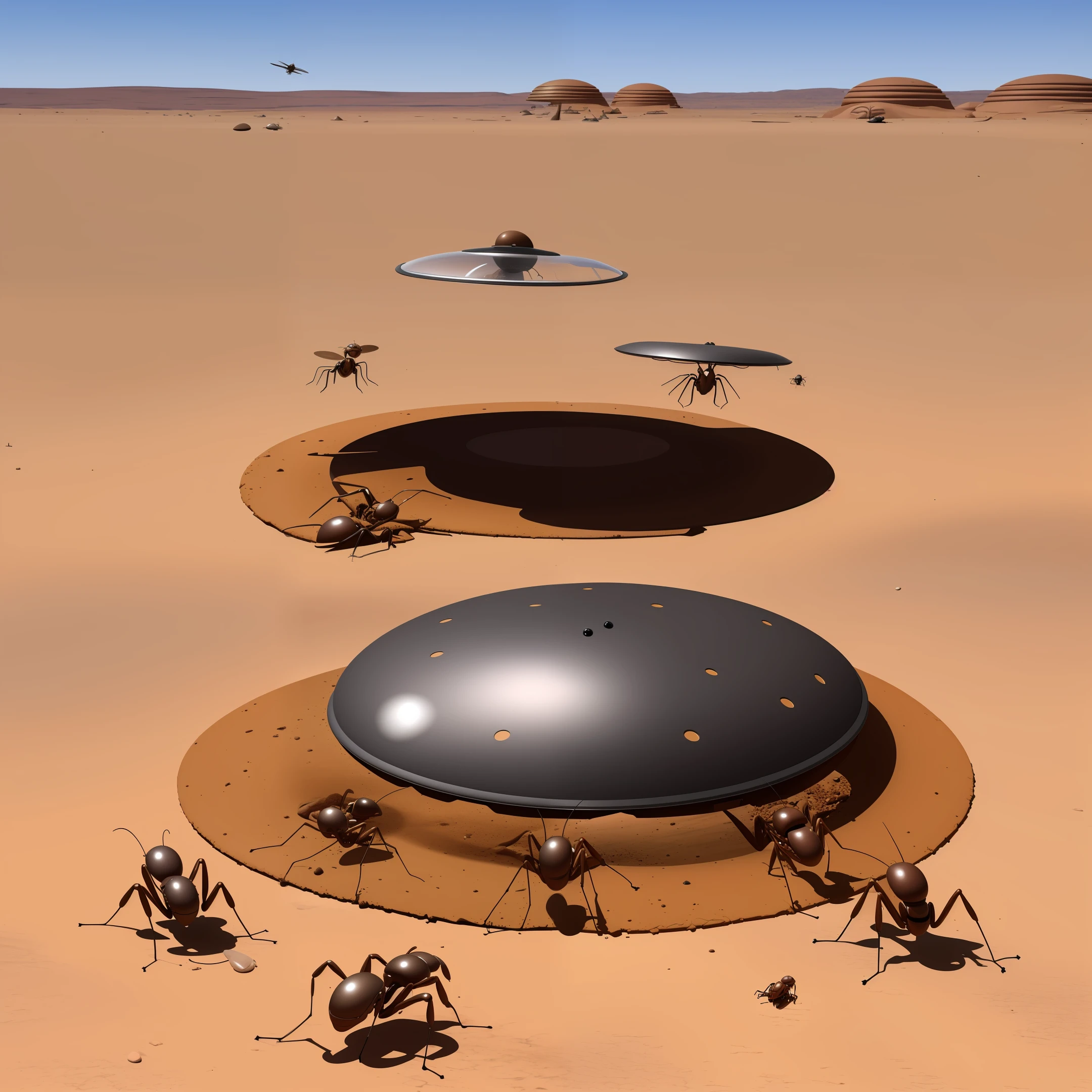 a flying saucer UFO crashed in the desert, ants investigating