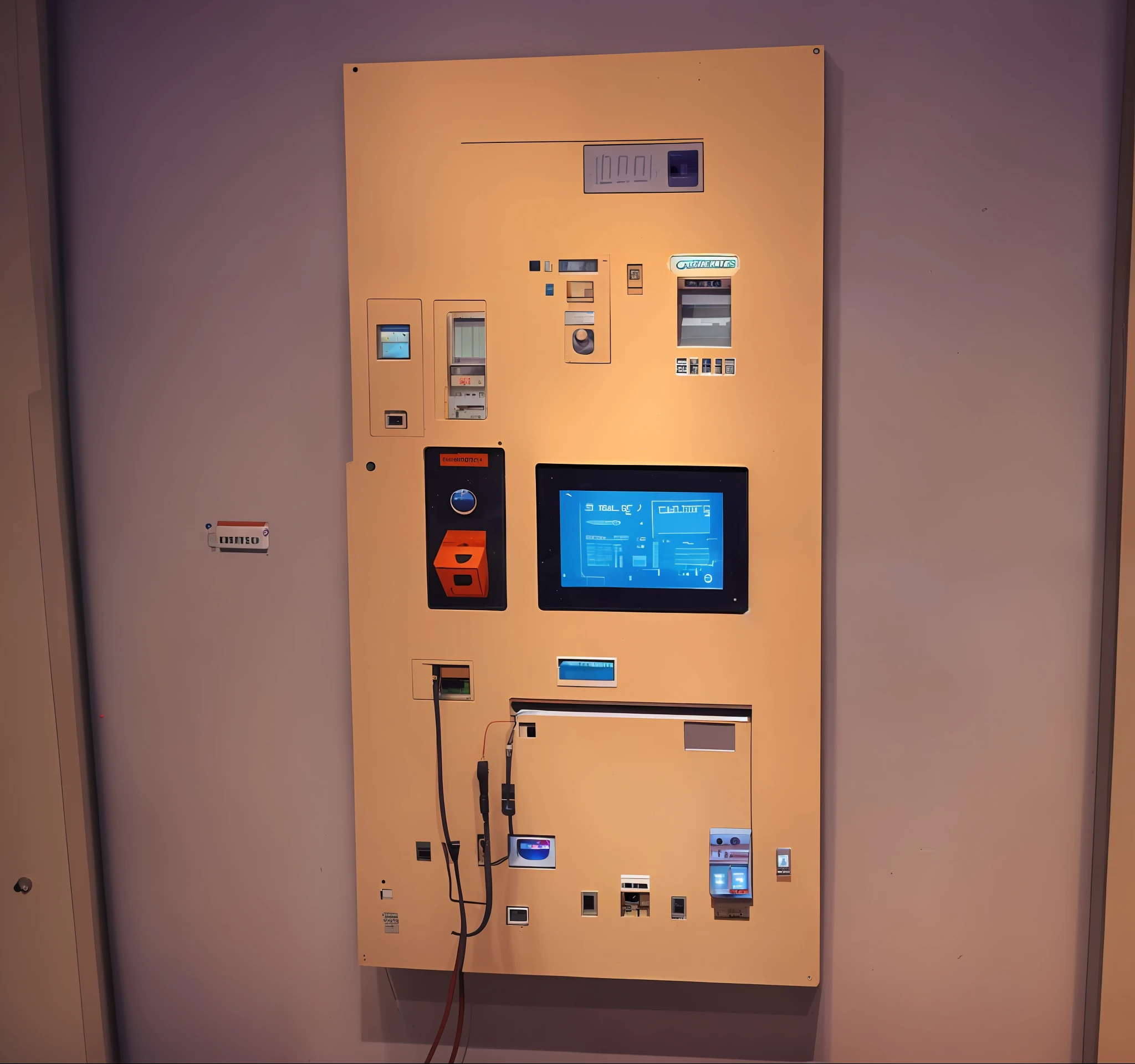 there is a display of electronic devices on a wall, displayed in the exhibition hall, digital screens on the walls, technological screens, 1 9 8 0 s tech, displayed in a museum, sci-fi vending machine, sci - fi vending machine, 1 9 8 0 s computers, digital display, plasma display, 1980s computer graphics