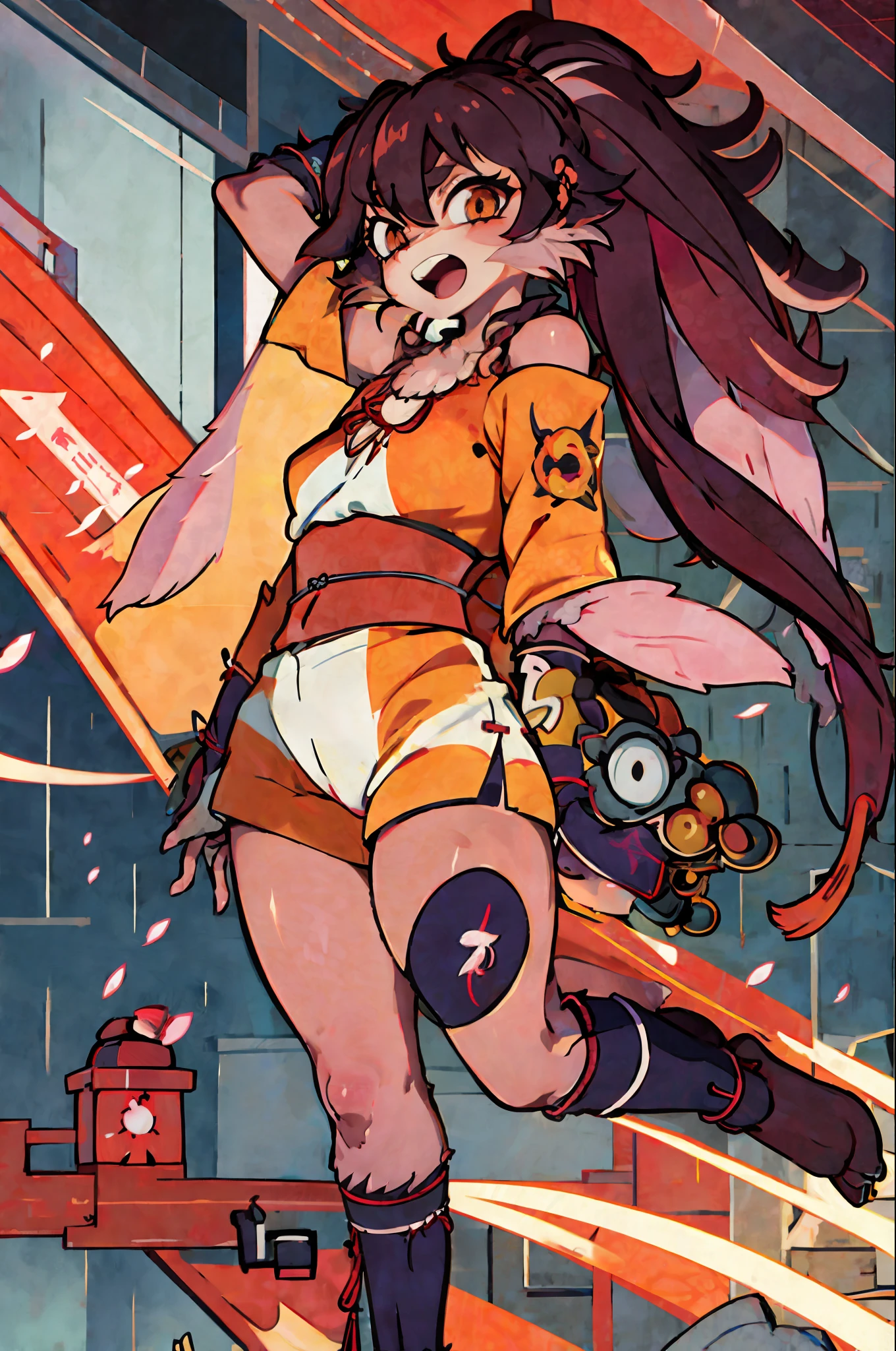 masterpiece, best quality, high resolution, 1 girl, floating hair, hair between eyes, high ponytail, side locks, open mouth, smile, teeth, upper teeth only, medium breasts, thighs, bandages, bandaged leg, sarashi, budget sarashi, sarashi chest, black girdle, hadanugi dousa, houkisei, japanese clothing, kimono, kinchaku, obiage, obijime, orange kimono, bag, printed kimono, rope, girdle, sash, shimenawa, short kimono, single bare shoulder, vision (genshin impact), East Asian architecture, arms behind head, cherry blossoms, full body,