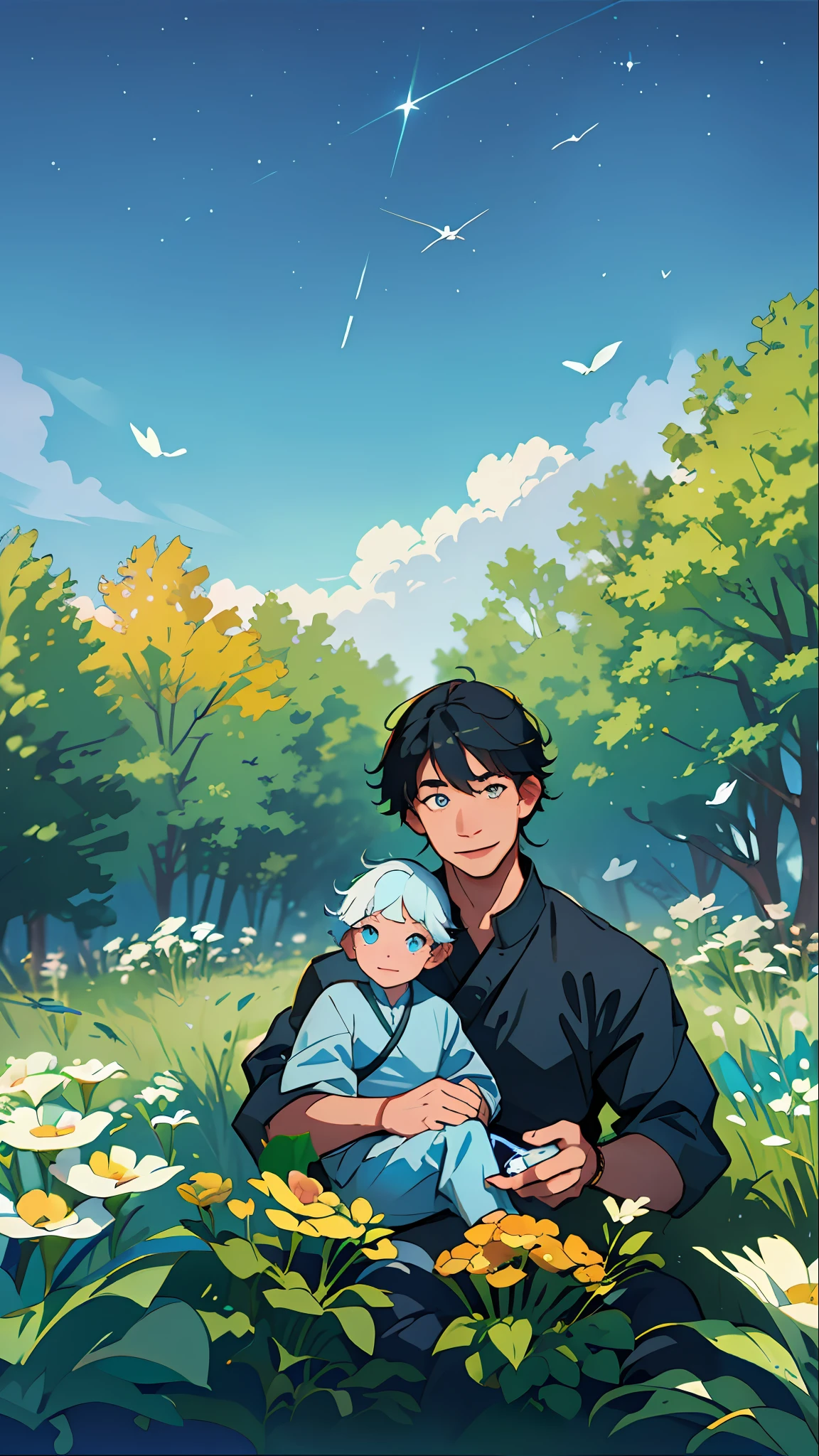 Make illustration poster, Chinese illustration, flat illustration, (((Father's Day))), Asian, (((father and son))), father smile, clear facial features, smile happiness on face, 4-5 boy sitting on father's shoulder, outdoors, sunny, blue sky and white clouds, flowers and green plants in foreground, colorful, highly saturated, contour light, warm and bright, colorful, HD 8K, colored light particles, heterochromatic, (color: 1.5) ,--v6
