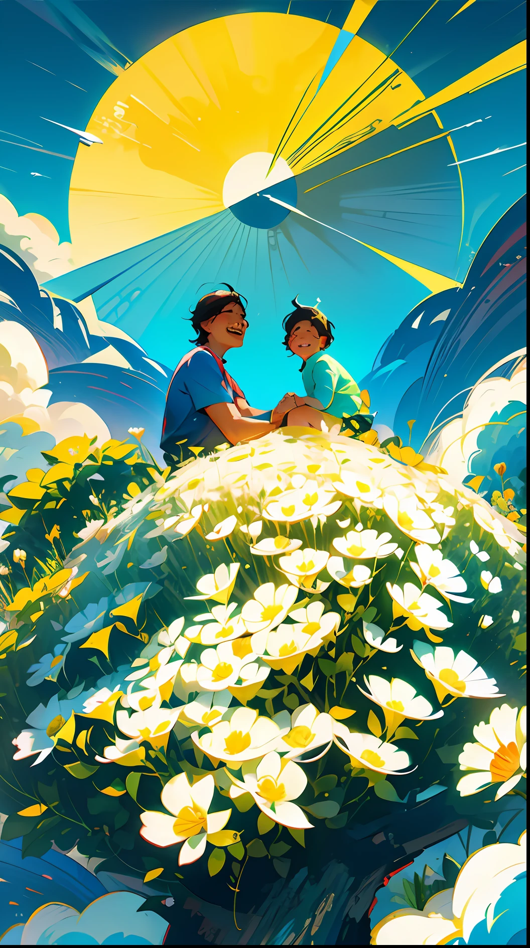 make an illustration poster,Chinese illustration,flat illustration,Father's Day,Asian,Father and son,Father smiling,clear features,smile on face happiness,4-5year old boy sitting on Father's shoulder,outdoors,sunny,blue sky and white clouds,flowers and greenery in the foreground,bright colors,high saturation,contoured light ,warm and bright,colorful ,HD 8K--v6