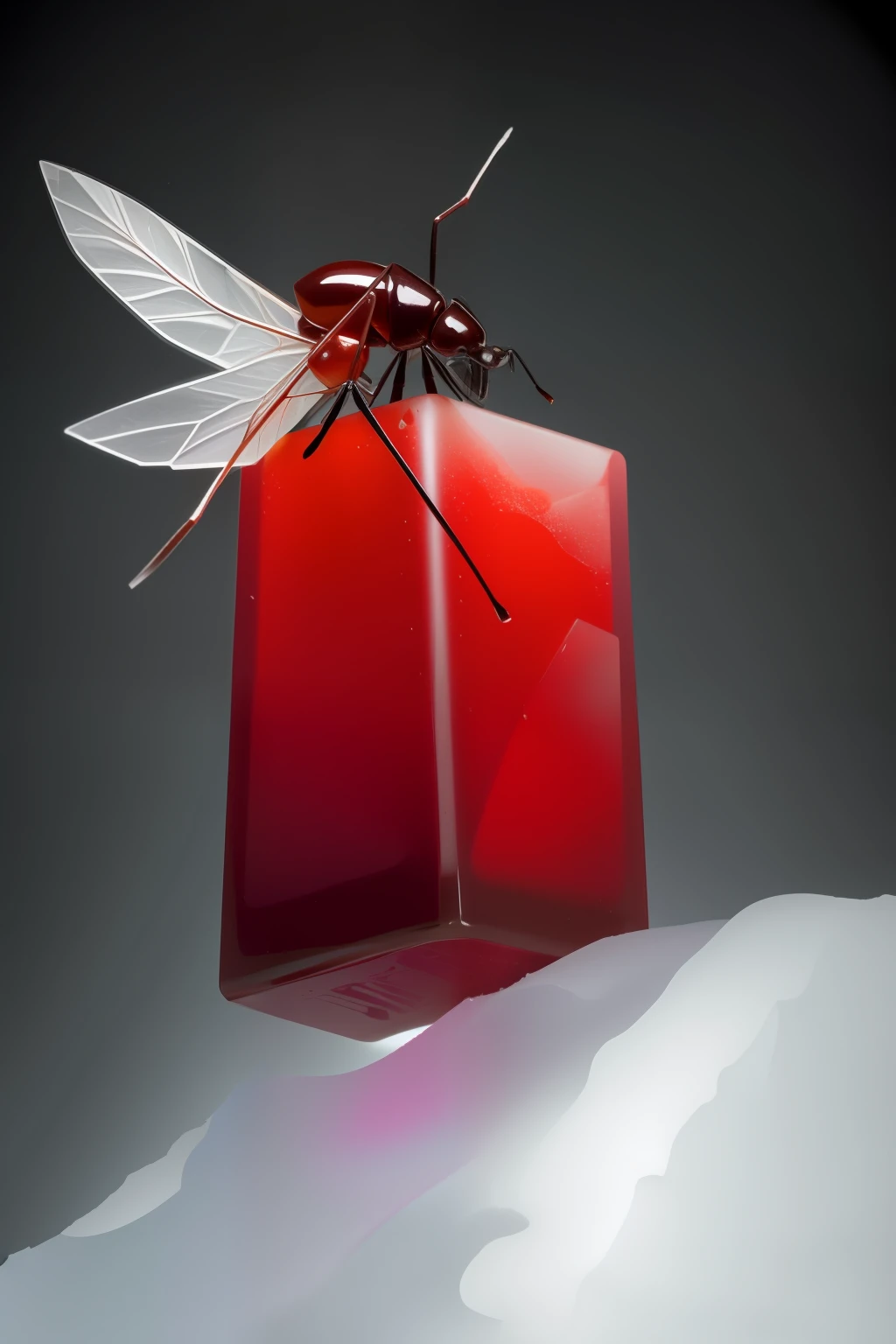 an ice cube with a red ant with wings inside