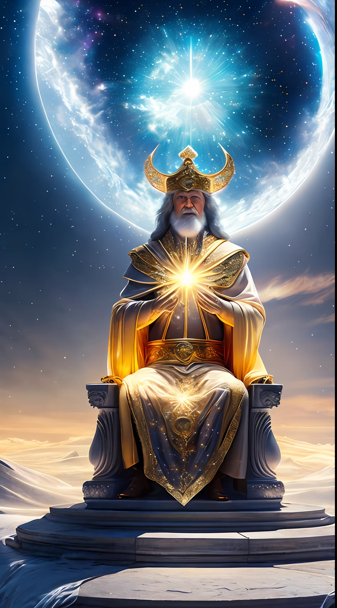 super high resolution, best quality, photo, 16k, (photorealistic: 1.2), cinematic lighting, An old man in the shape of a mythical god. Depict the god holding the sun and moon, enveloped by a radiant aura. Seat them on a magnificent throne within a cosmic backdrop, in bright white cloaks floating on the crystal throne, floating on crystal clouds, surrounded by the splendors of the universe. Pay meticulous attention to stunning details and achieve a resolution of 64K for an immersive and realistic visual experience. Let your work capture the essence of myth and wonder, leaving viewers in awe of its beauty and power.