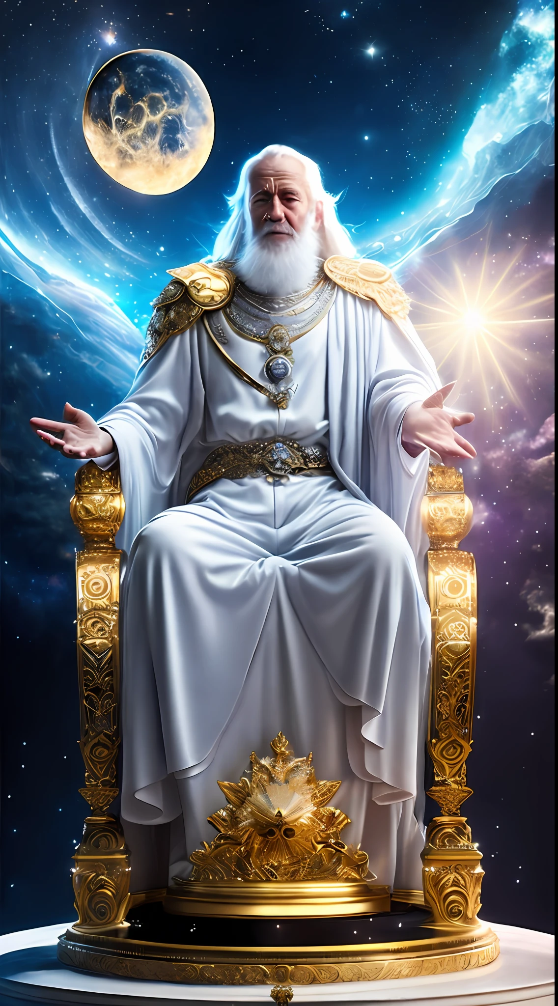 super high resolution, best quality, photo, 16k, (photorealistic: 1.2), cinematic lighting, An old man in the shape of a mythical god. Depict the god holding the sun and moon, enveloped by a radiant aura. Seat them on a magnificent throne within a cosmic backdrop, in bright white cloaks floating on the crystal throne, floating on crystal clouds, surrounded by the splendors of the universe. Pay meticulous attention to stunning details and achieve a resolution of 64K for an immersive and realistic visual experience. Let your work capture the essence of myth and wonder, leaving viewers in awe of its beauty and power.