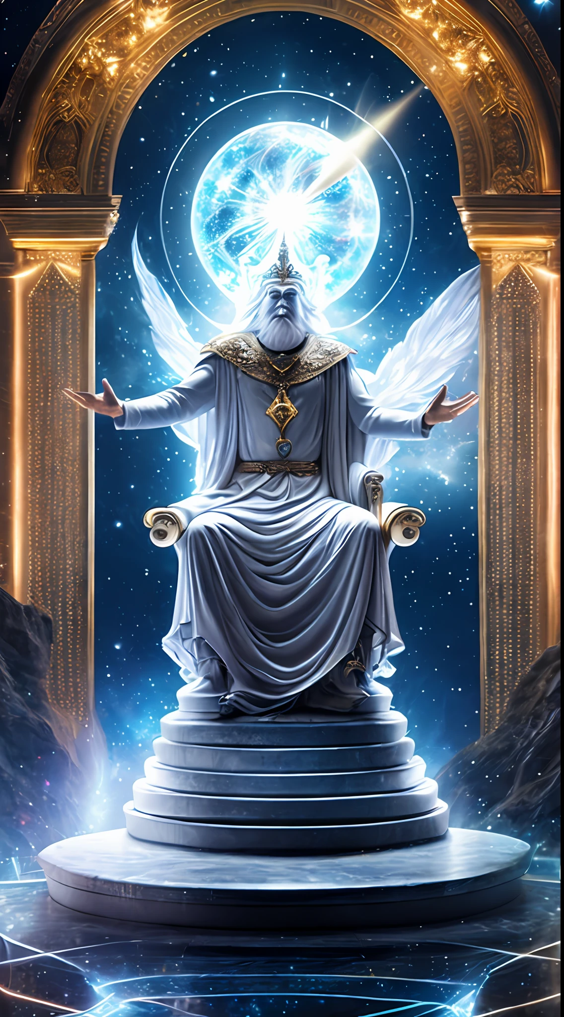 super high resolution, best quality, photo, 16k, (photorealistic: 1.2), cinematic lighting, An old man in the shape of a mythical god. Depict the god holding the sun and moon, enveloped by a radiant aura. Seat them on a magnificent throne within a cosmic backdrop, in bright white cloaks floating on the crystal throne, floating on crystal clouds, surrounded by the splendors of the universe. Pay meticulous attention to stunning details and achieve a resolution of 64K for an immersive and realistic visual experience. Let your work capture the essence of myth and wonder, leaving viewers in awe of its beauty and power.