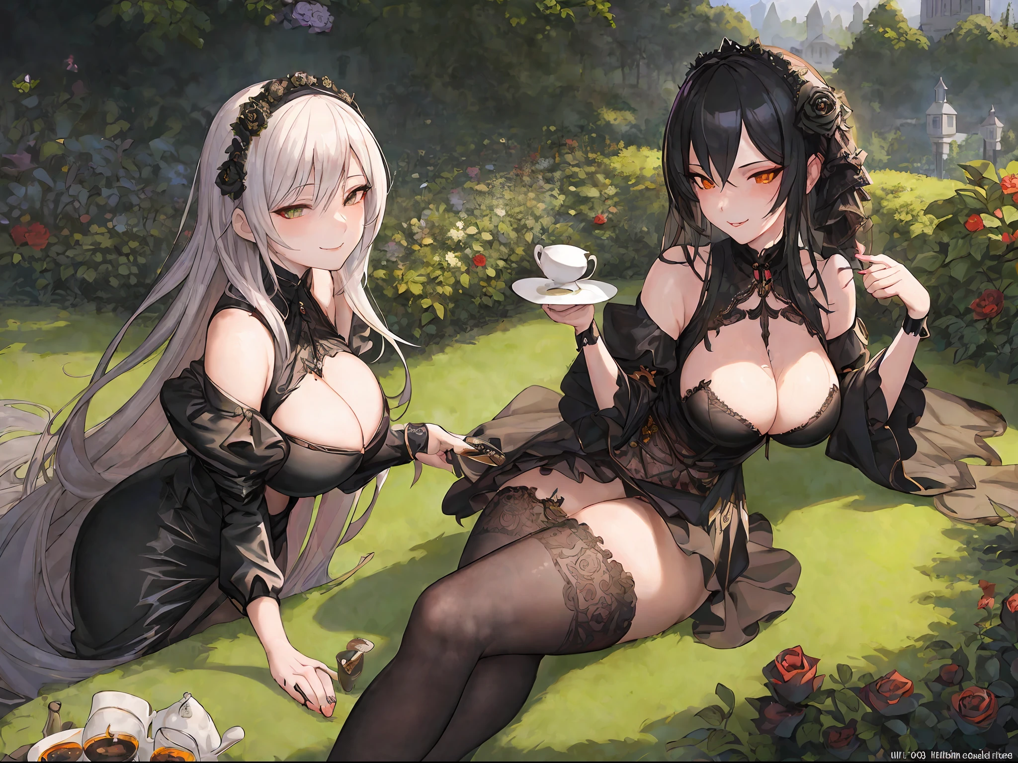 "(best quality), masterpiece illustration, ultra-detailed, goth girl sitting in a garden of black roses, holding a delicate tea cup, at dusk. She smiles warmly and alluringly, radiating an attractive and sexy aura. Her MILF skin is oiled, and she wears dark clothes.