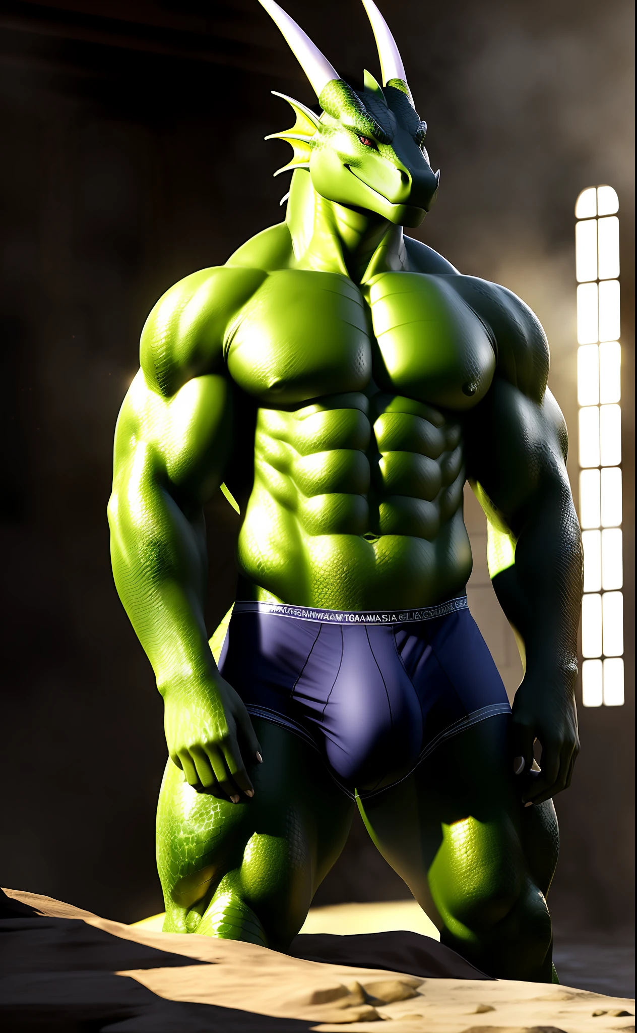 ((ultra realistic, masterpiece, cinematic lighting, extreme detail, realistic detailed scale, realistic shaders)), (dragon), with head and belly with green scales, arms and legs with black scales, antrum, pose, (smiling, beautiful), (detailed face, detailed eyes), front view, full body, (large pectorals), (top clothing), (underwear, large bulge), detailed background, tight underwear, large bulge, small dragon claws,  detached bulge, dragon's tail, (venous muscles)