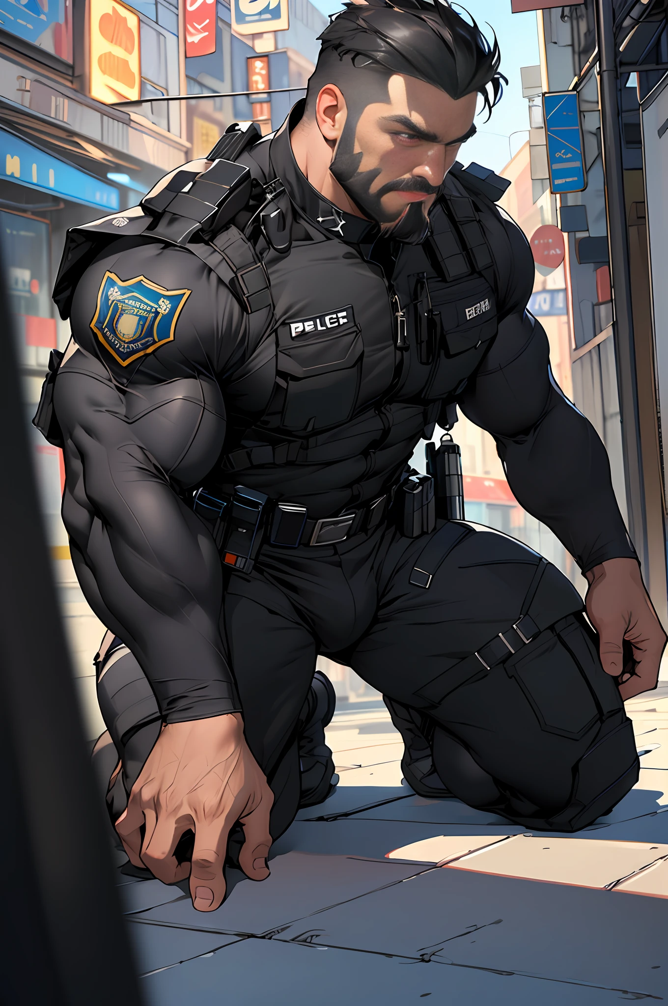 best quality, masterpiece, super high resolution, detailed background, realistic, illustration, single, 1 boy, muscle man, beard, SWAT, hotel, muscle, facial hair, volumetric lighting, depth of field, black clothes, ((black police uniform)), kneeling on one knee, mouth open, panting, raised crotch